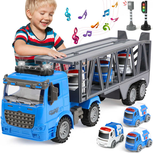 UUSUOO Toy Trucks for Boys 3-6 Years,17" Friction Powered Tow Truck Toys with 3 Mini Cars,Lights and Sounds,Police Car Toys,Birthday Gifts for 3 4 5 6 + Year Old Boys Girls,Blue