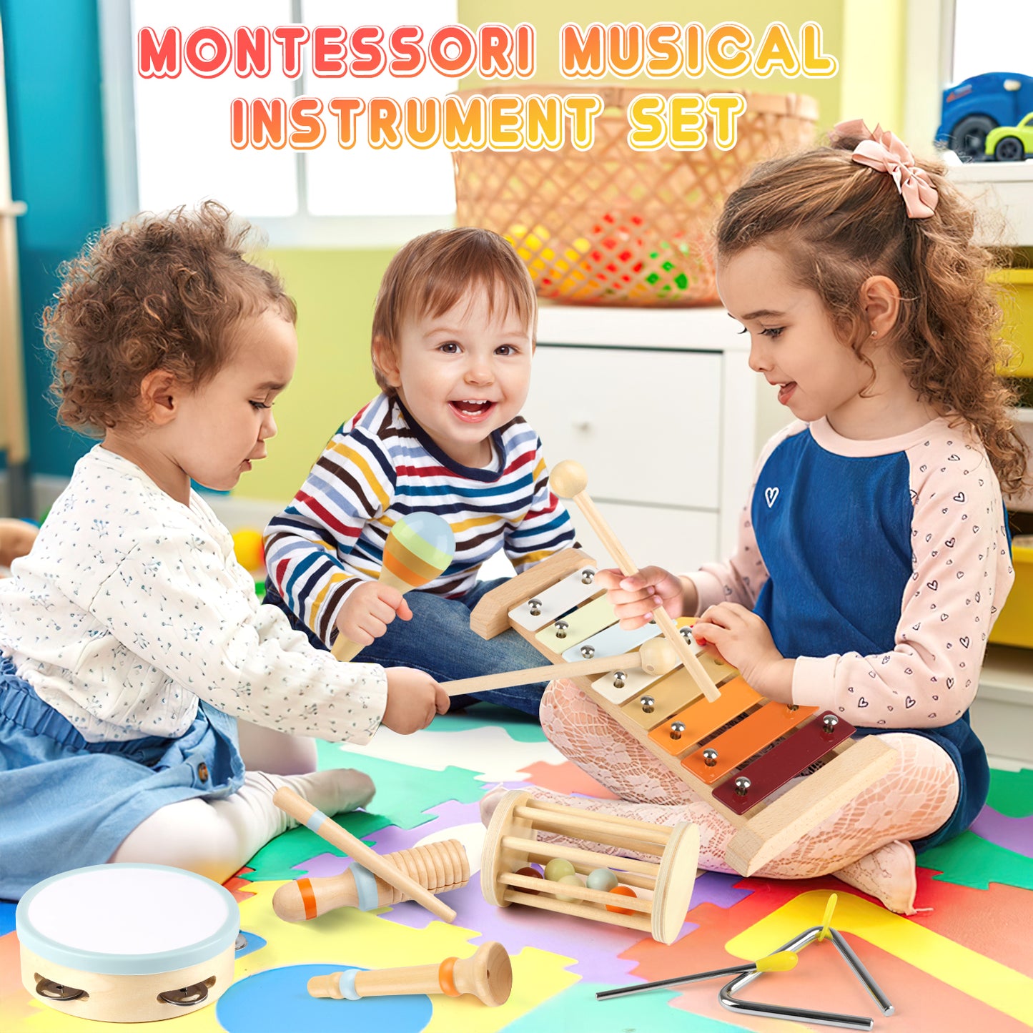 UUSUOO Montessori Toys for 1 Year Old, Baby Musical Instruments 6 Months-12 Months,Musical Toys for Toddlers 1-3 with Boho Xylophone/Drum,Christmas Birthday Gifts for One Year Old Boy Girl