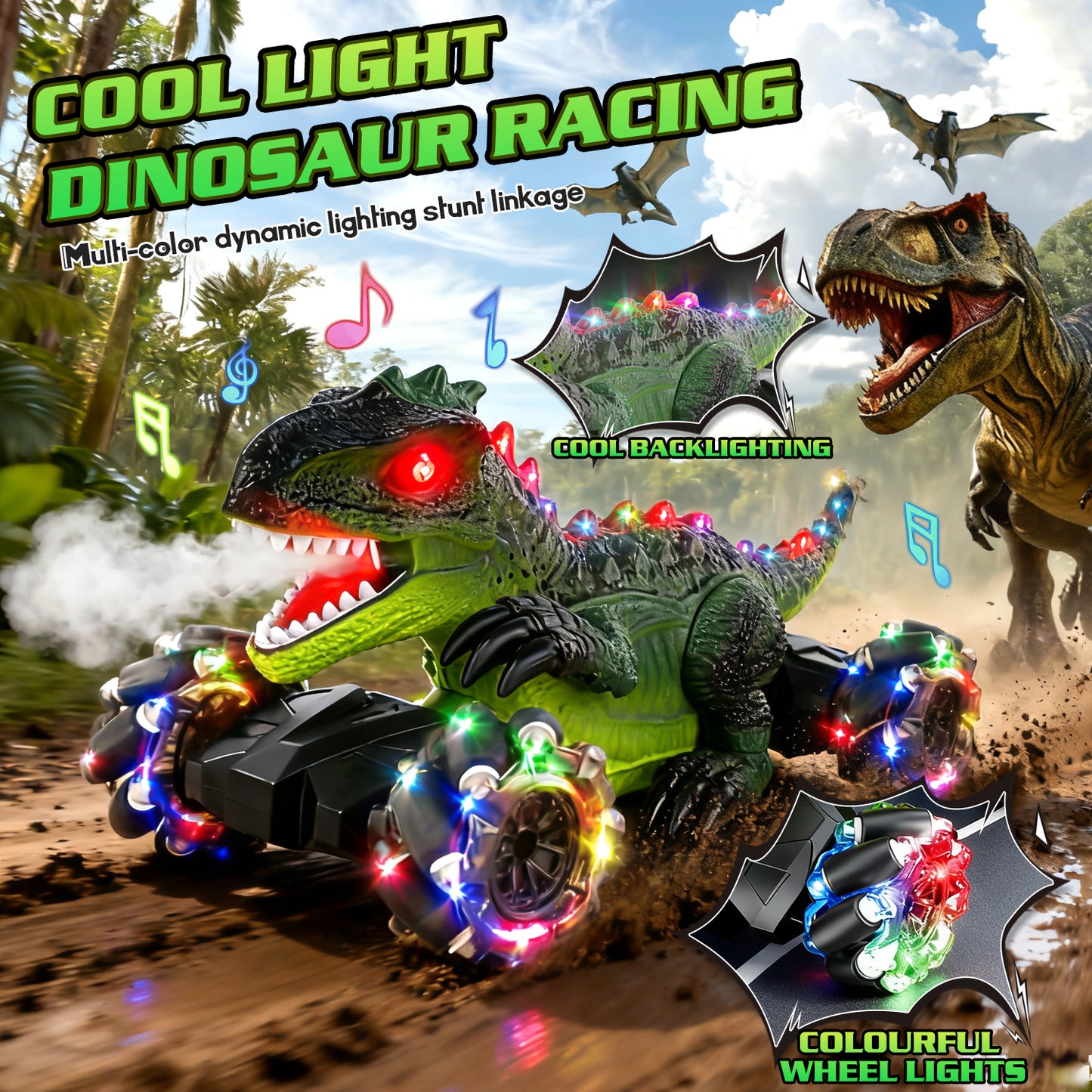 UUSUOO Dinosaur Remote Control Car,4WD Rotation Rechargeable RC Stunt Car with Spray Lights & Music,Dinosaur Toys for Boys 3-6 Years,Christmas Birthday Gifts for Boys Girls 3+