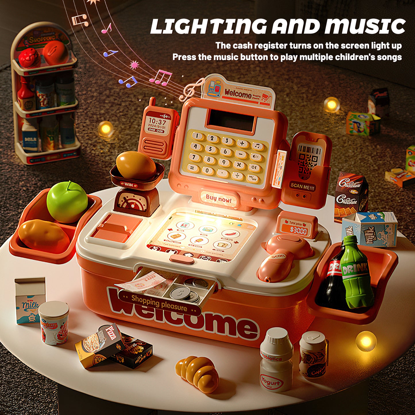 UUSUOO 42Pcs Cash Register for Kids,Toddlers Toys Cash Register with Sound Scanner,Light,Play Food & Money,Pretend Play Toys for Boys Girls,Christmas Birthday Gift for Toddlers 3 4 5 6 +,Pink