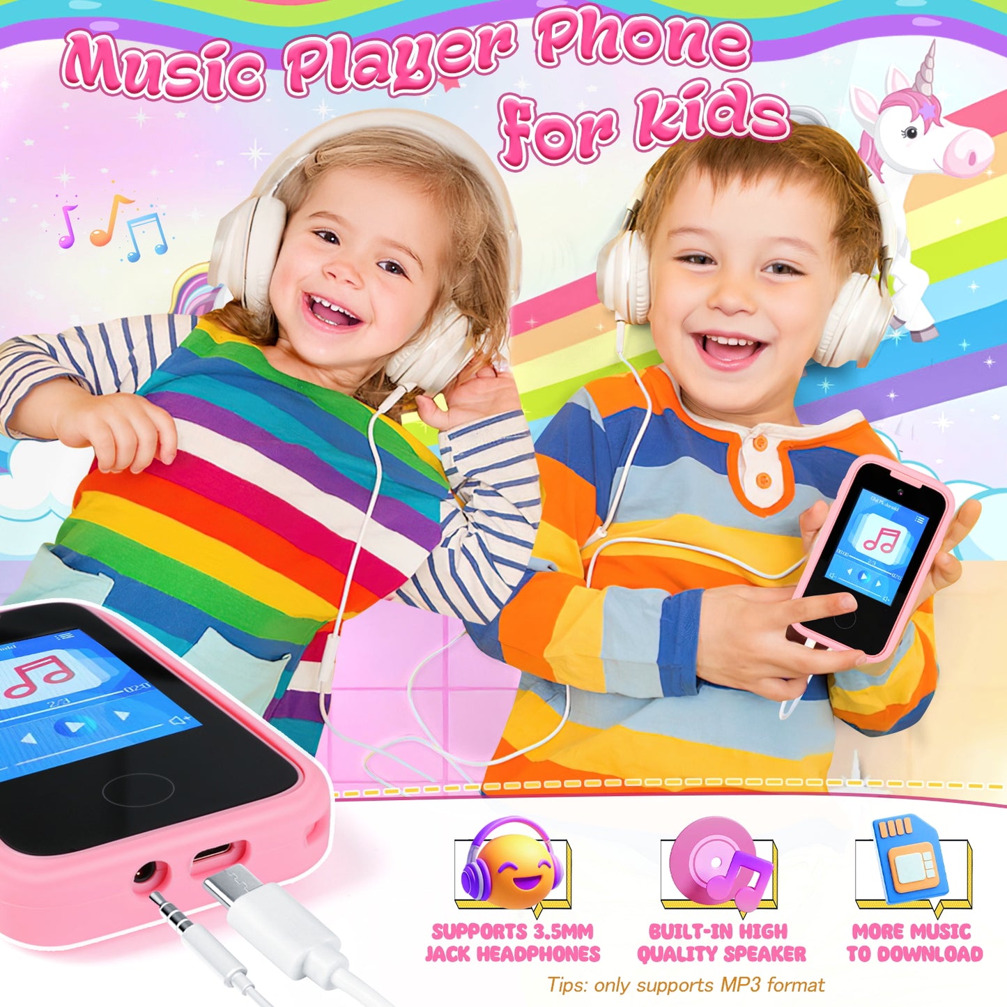 UUSUOO Kids Smart Phone for Girls Kids Toys,2.8" Touchscreen Toddler Phone Toys W/ 8G SD Card, Dual Camera, Music Player,Unicorn Toys Christmas Birthday Gifts for Boys Girls 3-12,Pink