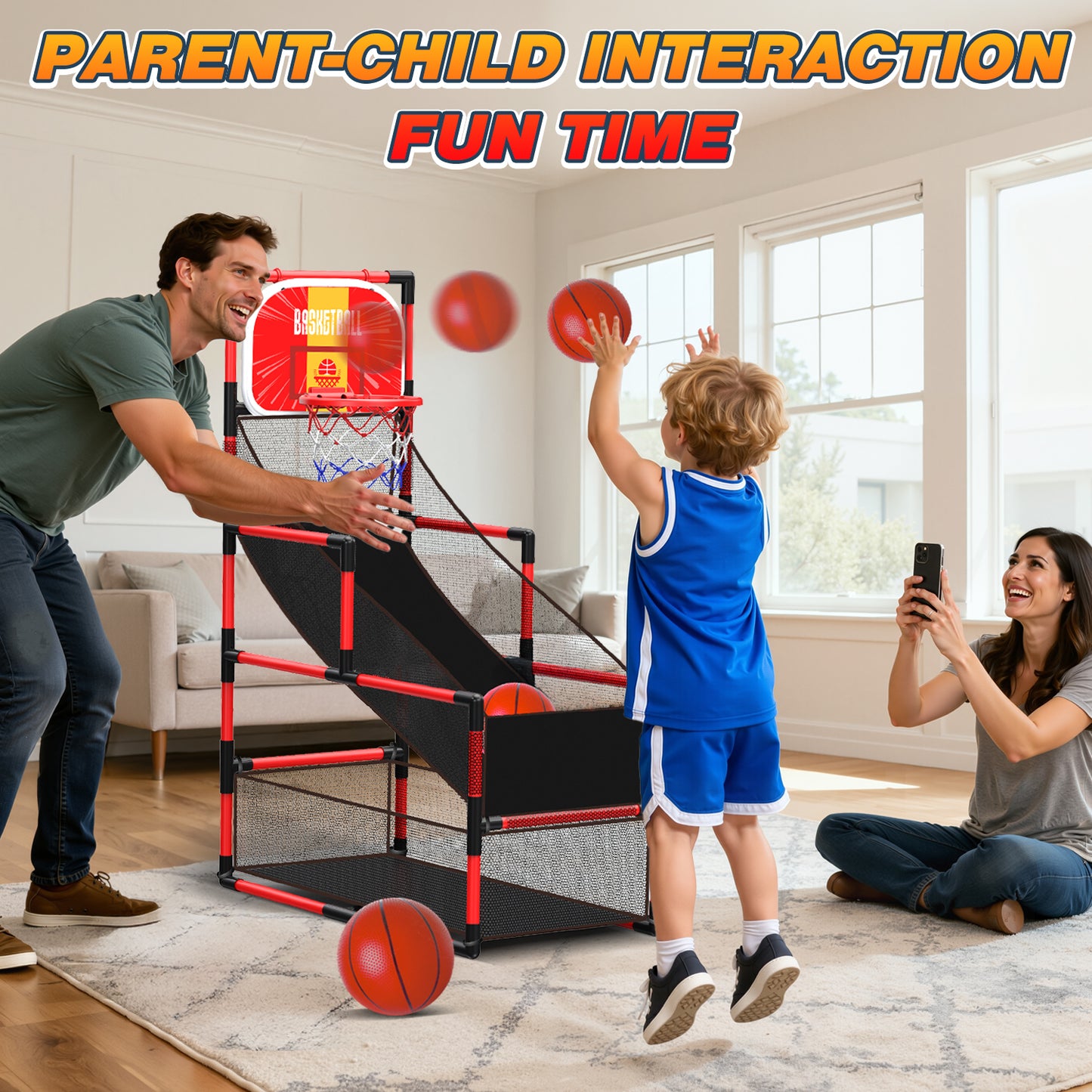 UUSUOO Arcade Basketball Game Set for Kids,Adjustable Height 45"-56" Kids Basketball Hoop with 2 Balls & Pump, Indoor Outdoor Sports Play Toys,Birthday Gift for Boys Girls Age 5 6 7 8 + ,Red