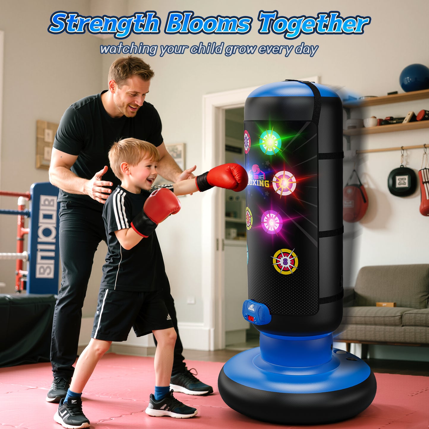 UUSUOO Punching Bag for Kids with Light & Sound,Kids Inflatable Boxing Bag Set with Gloves, Scoring System, 4 Play Modes,Christmas Birthday Gift Toy for Boys Girls Age 6-12,Blue