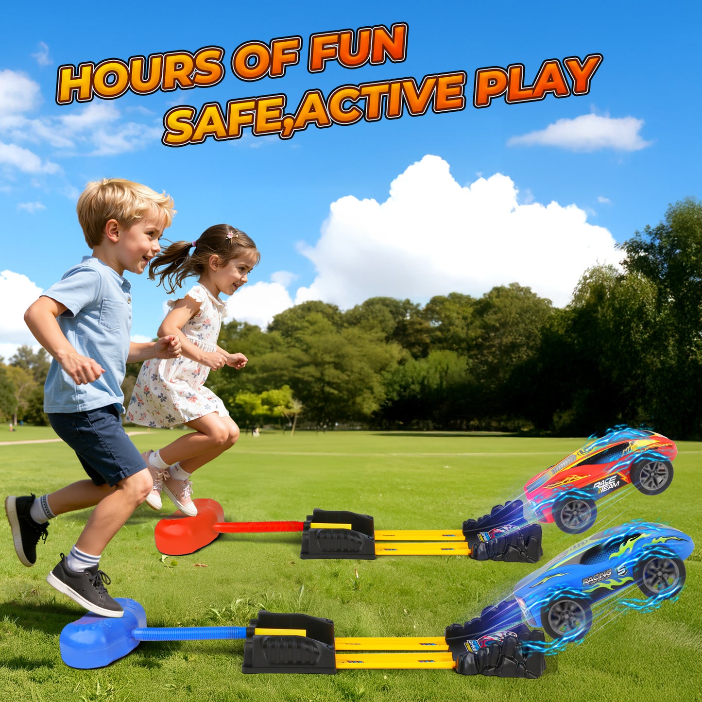 UUSUOO Stomp Race Car Launcher Toy for Kids,2 Cars & Dual Tracks,Indoor Outdoor Car Launcher Set with Racing Cars,Birthday Toy Gifts for Kids 3 4 5 6 7 Years Old