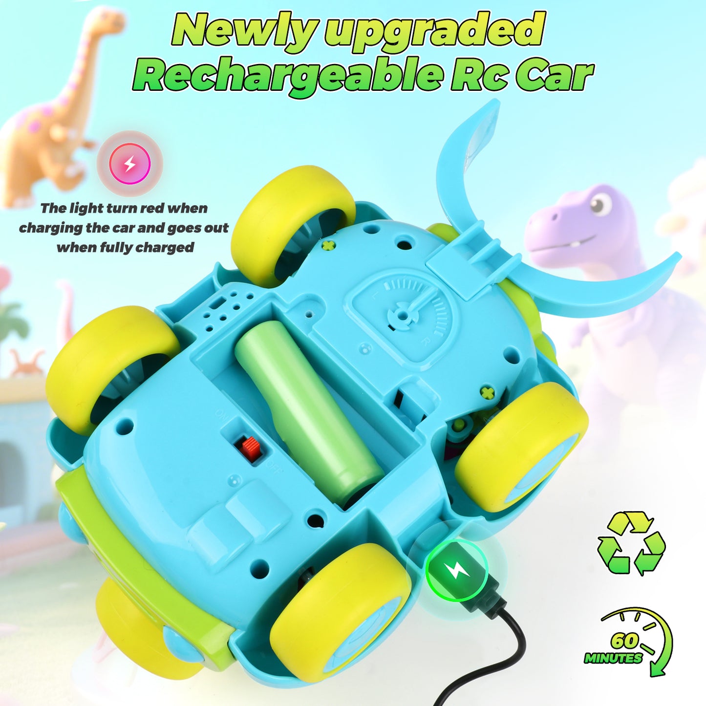 UUSUOO Dinosaur Remote Control Car for Toddlers,Rechargeable RC Cars for Toddler Toys with LED Lights & Music & Soccer Ball,Dinosaur Toys Christmas Birthday Gift for Boys Girls Age 3 4 5 +, Green