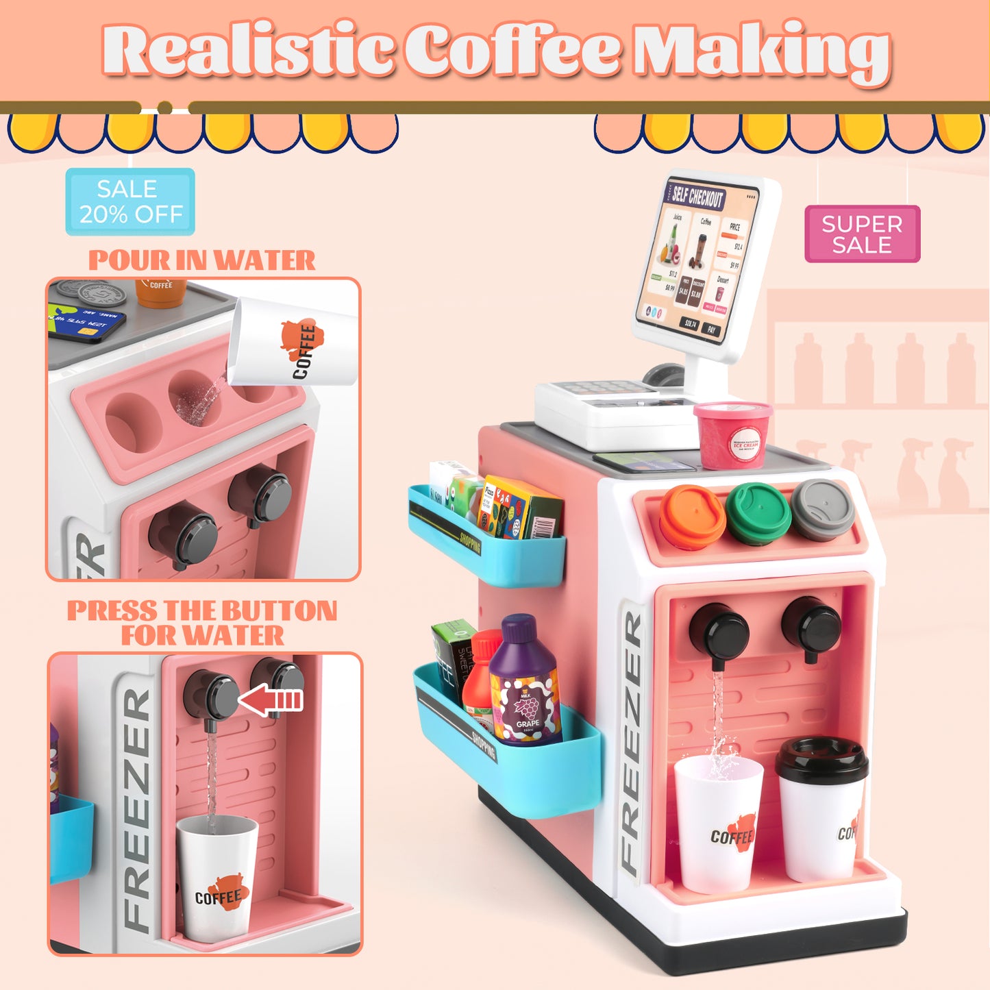 UUSUOO 46PCS Cash Register Playset for Kids,Cashier Register Toy,Kids Pretend Play Cash Register Toy with Scanner,Coffee Machine,Credit Cards,Play Food & Money,Christmas Toys for Kids 3-6,Pink