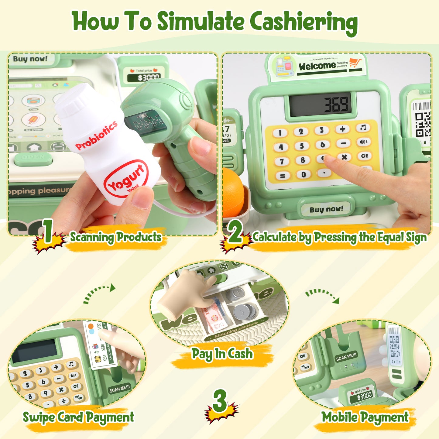 UUSUOO Cash Register for Kids Ages 4-8, Cashier Register Toy, Kids Pretend Play Cash Register Toys with Sound Scanner,Credit Cards,Play Food & Money,Christmas Toys for Kids 3-6,Green