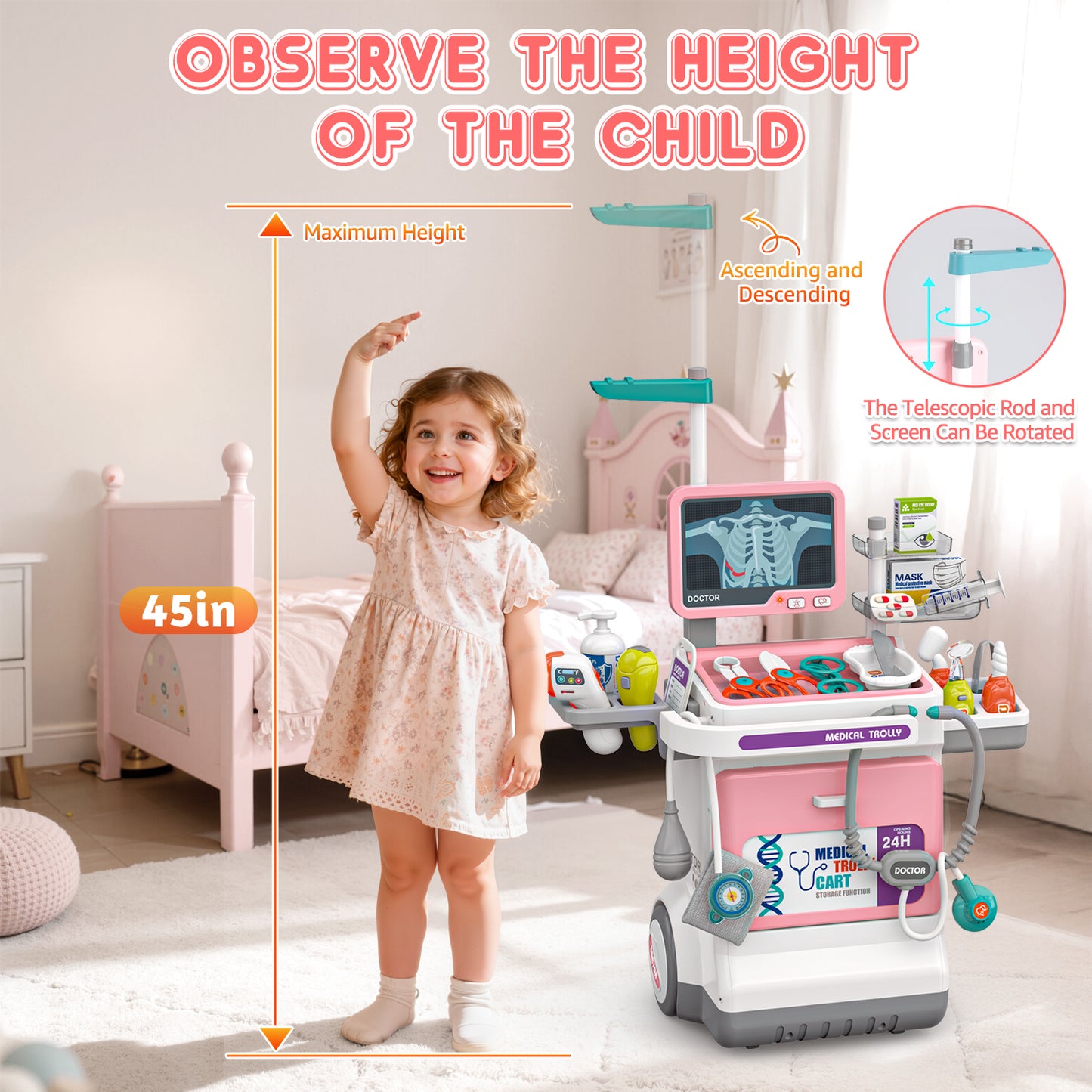 UUSUOO Doctor Kit for Toddlers 3-5,32PCS Doctors Role Play Set Toy,Pretend Medical Station Toy Set with Realistic LED Lights & Sounds,Christmas Boys & Girls Gift for Ages 3-8,Pink