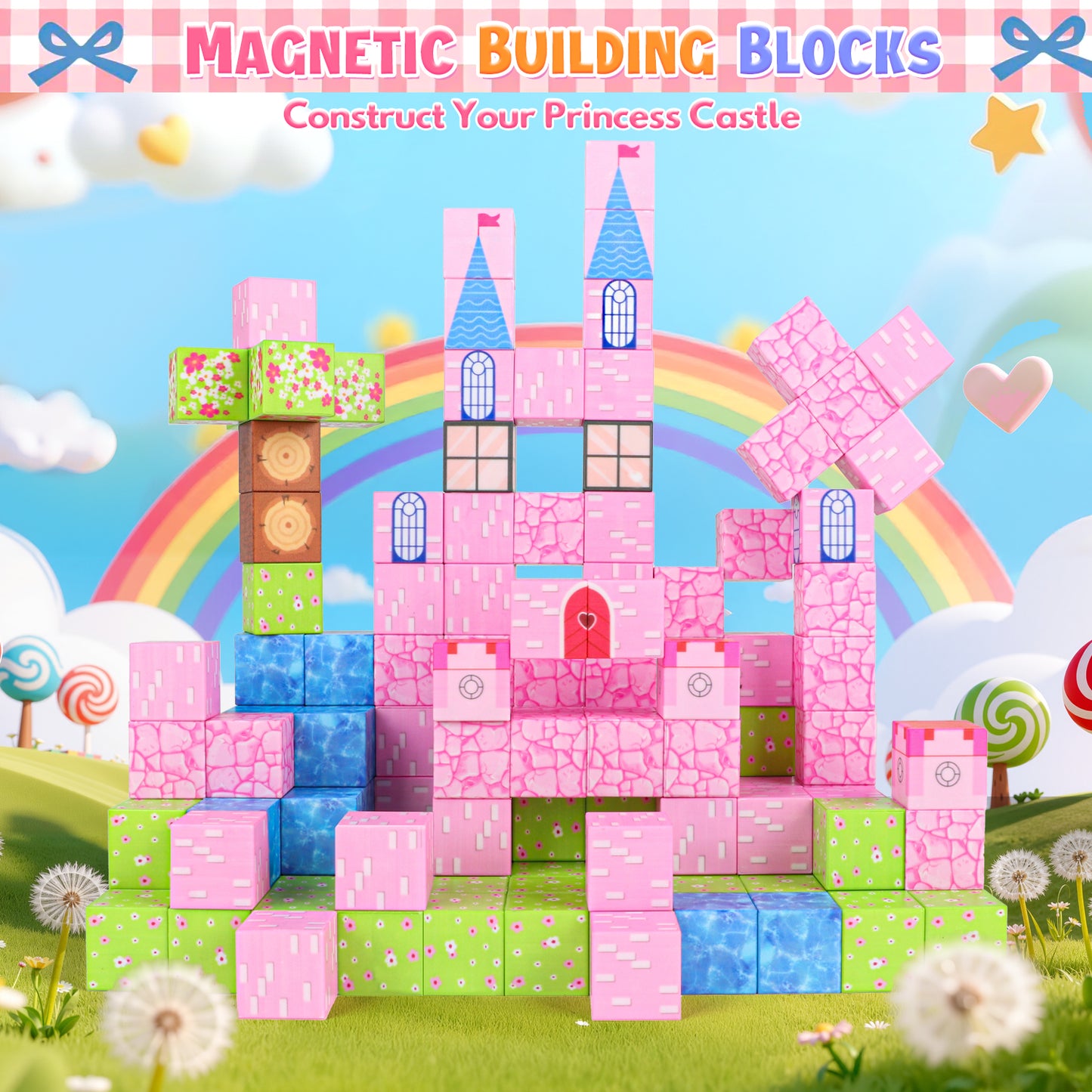 UUSUOO 145PCS Magnetic Blocks,Magnetic Building Blocks for Kids Ages 4-8,Magnet STEM Sensory Toys,Princess Castle Building Set Christmas Birthday Gifts Toy for Girls & Boys Ages 3+
