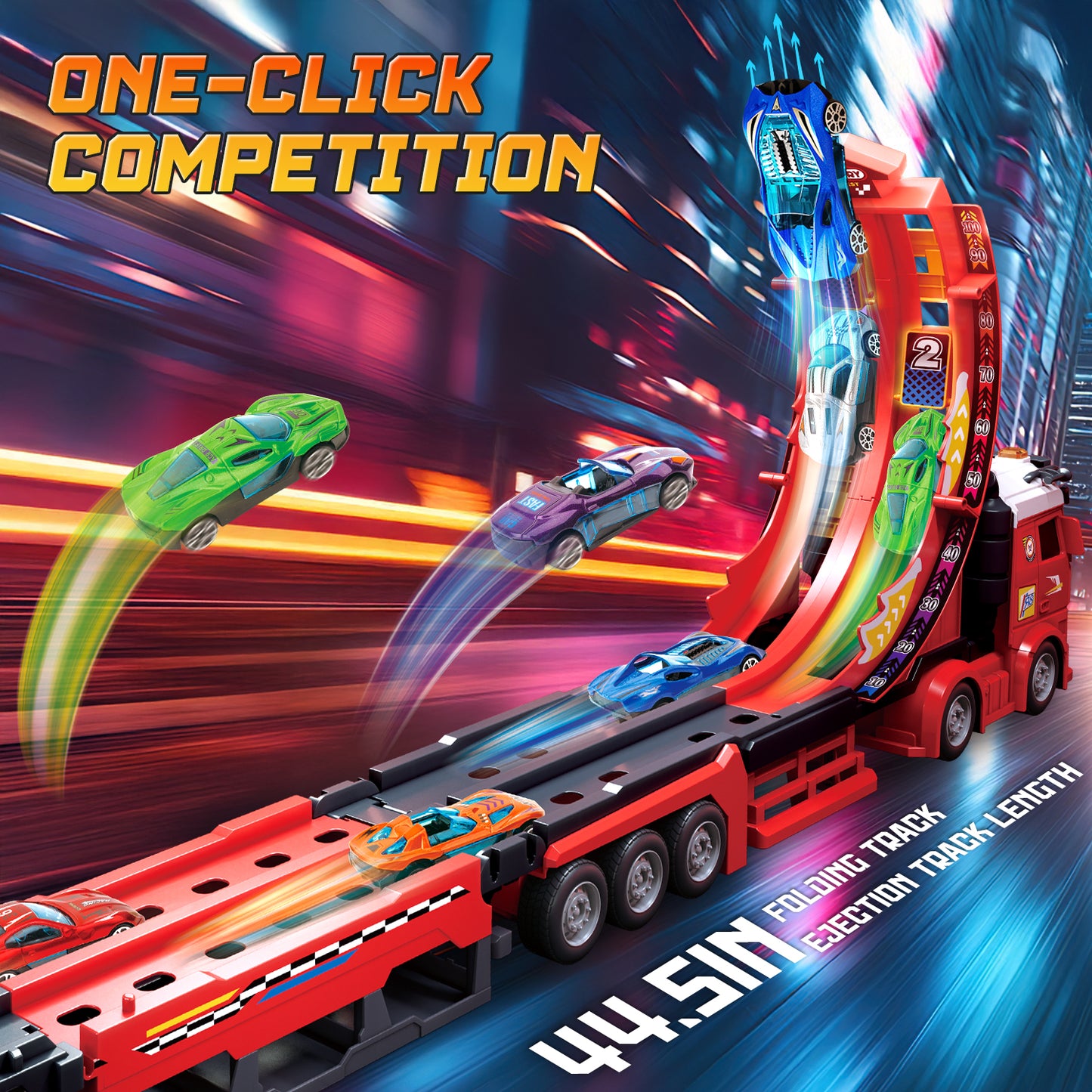 UUSUOO Carrier Truck Race Track Toys for Kids,45 inch Foldable Race Track with 6 Die-Cast Metal Toy Cars and Lights & Sounds, Truck Toys Toddlers Toys Xmas Gifts for 3 4 5 6 7 Years Old Boys and Girl