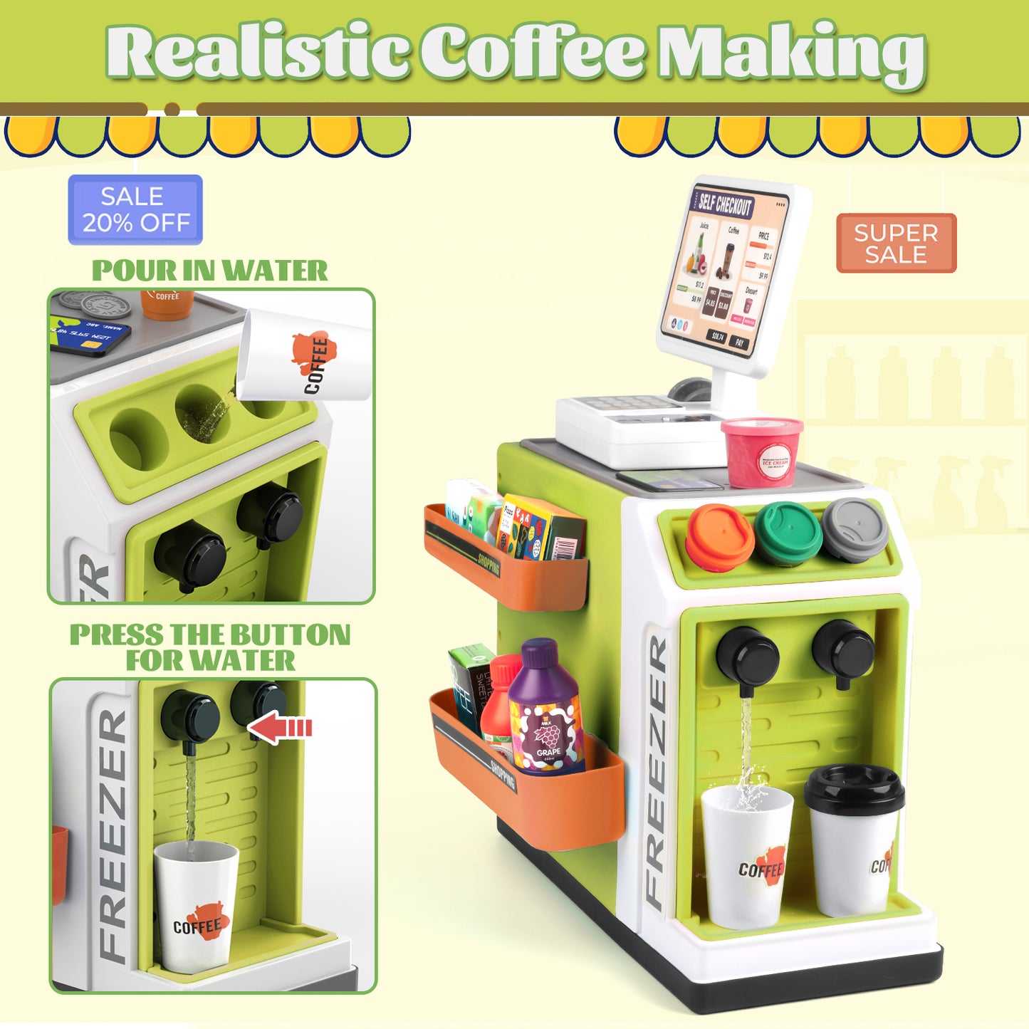 UUSUOO Cash Register Playset for Kids,46PCS Pretend Play Cash Register Toy with Calculator,Scanner,Coffee Machine,Credit Cards,Play Food & Money,Kids Cash Register Toy Gifts for Kids 3-6, Green