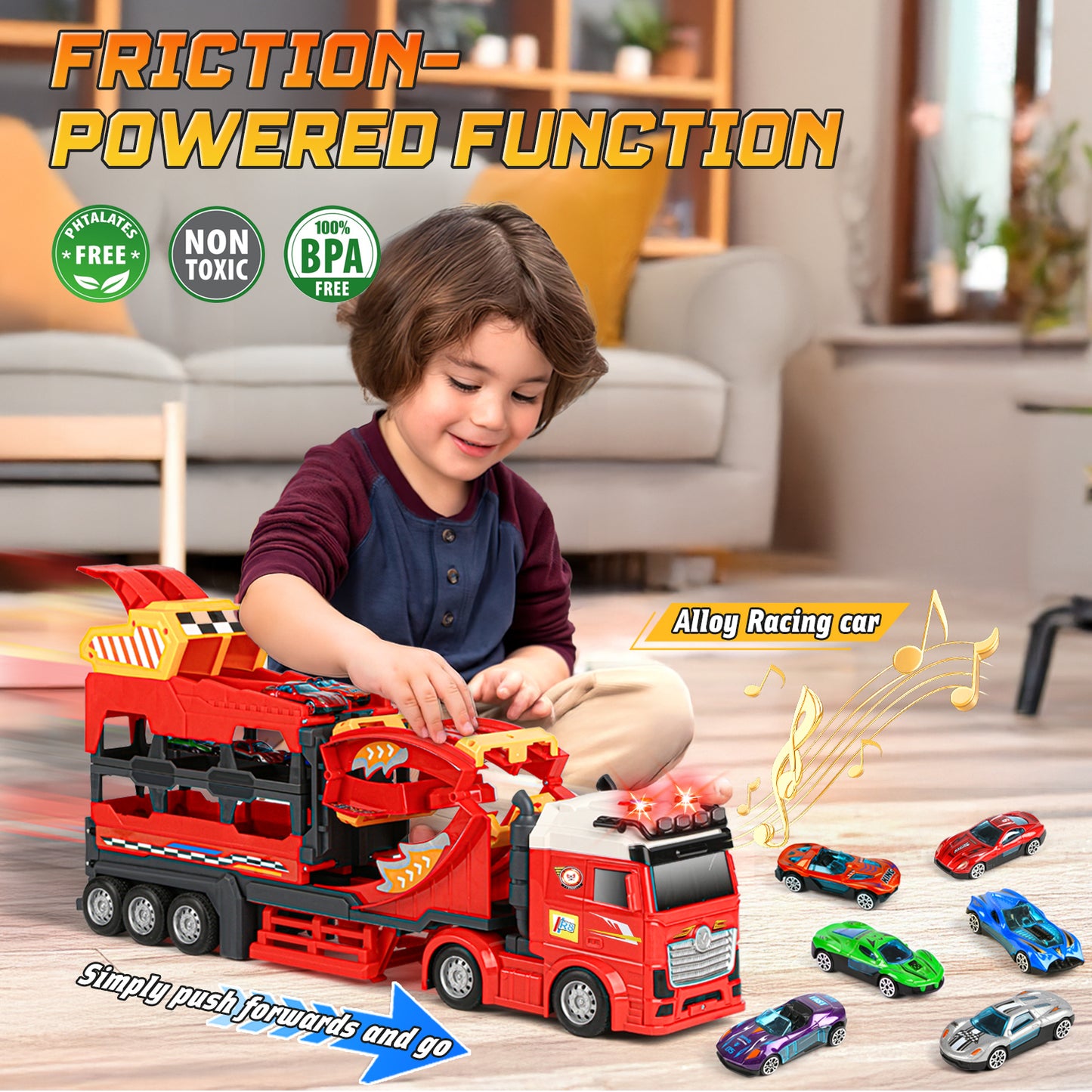 UUSUOO Carrier Truck Race Track Toys for Kids,45 inch Foldable Race Track with 6 Die-Cast Metal Toy Cars and Lights & Sounds, Truck Toys Toddlers Toys Xmas Gifts for 3 4 5 6 7 Years Old Boys and Girl