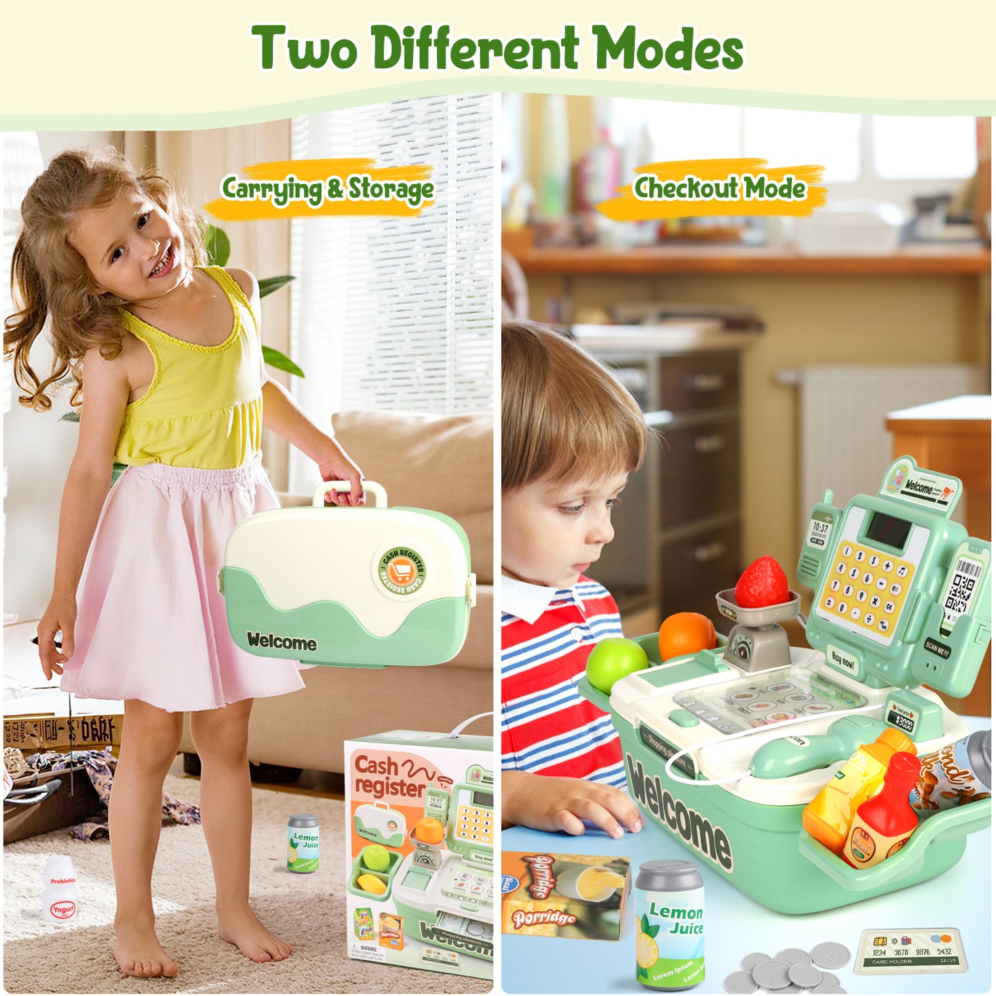 UUSUOO Cash Register for Kids Ages 4-8, Cashier Register Toy, Kids Pretend Play Cash Register Toys with Sound Scanner,Credit Cards,Play Food & Money,Christmas Toys for Kids 3-6,Green