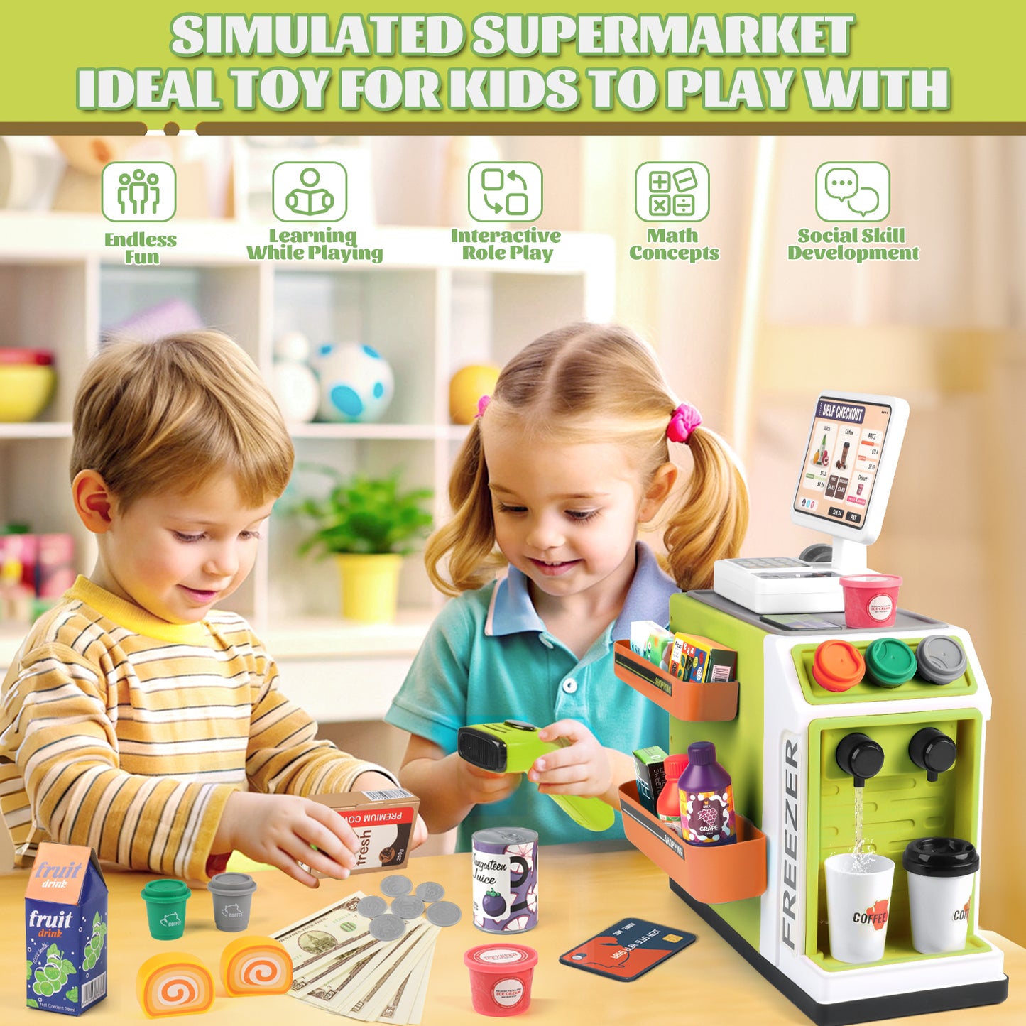 UUSUOO Cash Register Playset for Kids,46PCS Pretend Play Cash Register Toy with Calculator,Scanner,Coffee Machine,Credit Cards,Play Food & Money,Kids Cash Register Toy Gifts for Kids 3-6, Green
