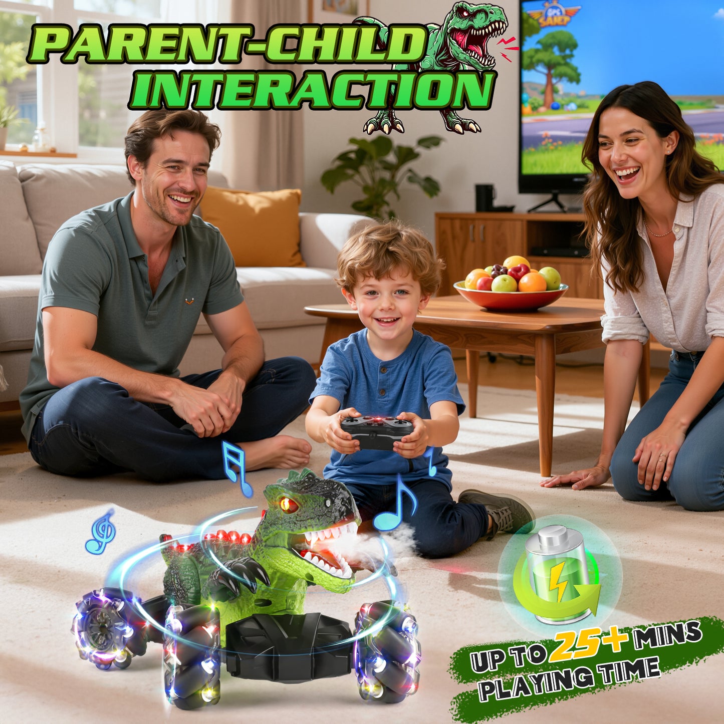 UUSUOO Dinosaur Remote Control Car,4WD Rotation Rechargeable RC Stunt Car with Spray Lights & Music,Dinosaur Toys for Boys 3-6 Years,Christmas Birthday Gifts for Boys Girls 3+