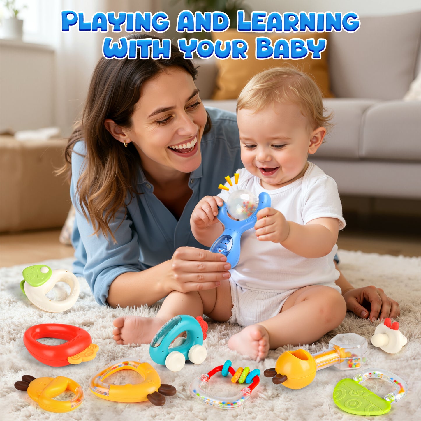 UUSUOO 10Pcs Baby Rattles Toys for 0-6 Months,Baby Teething Toys with Storage Case,Infant Newborn Baby Toys for 6-12 Months,Birthday Gifts for Newborn Baby Boys Girls