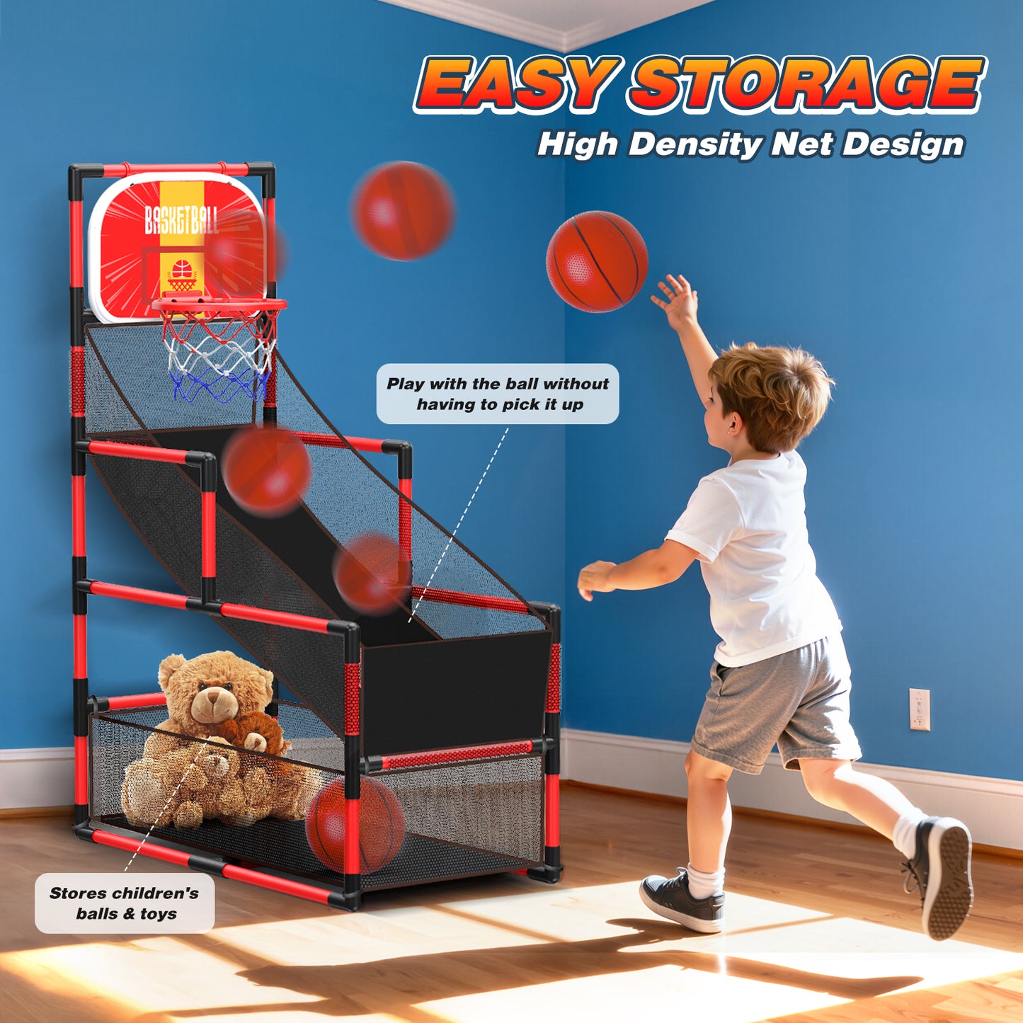UUSUOO Arcade Basketball Game Set for Kids,Adjustable Height 45"-56" Kids Basketball Hoop with 2 Balls & Pump, Indoor Outdoor Sports Play Toys,Birthday Gift for Boys Girls Age 5 6 7 8 + ,Red