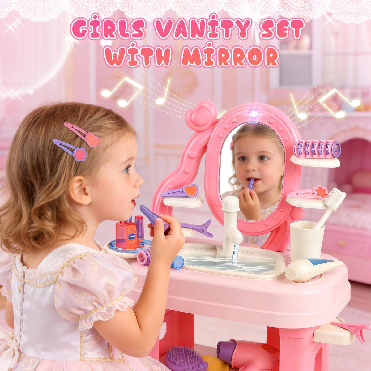 UUSUOO Kids Vanity Set with Mirror,40PCS Toddler Vanity Set Makeup Table for Kids, Girls Vanity with Mirror & Lights & Music & Makeup Accessories,Christmas Birthday Toy Gift for Girls Age 3-6