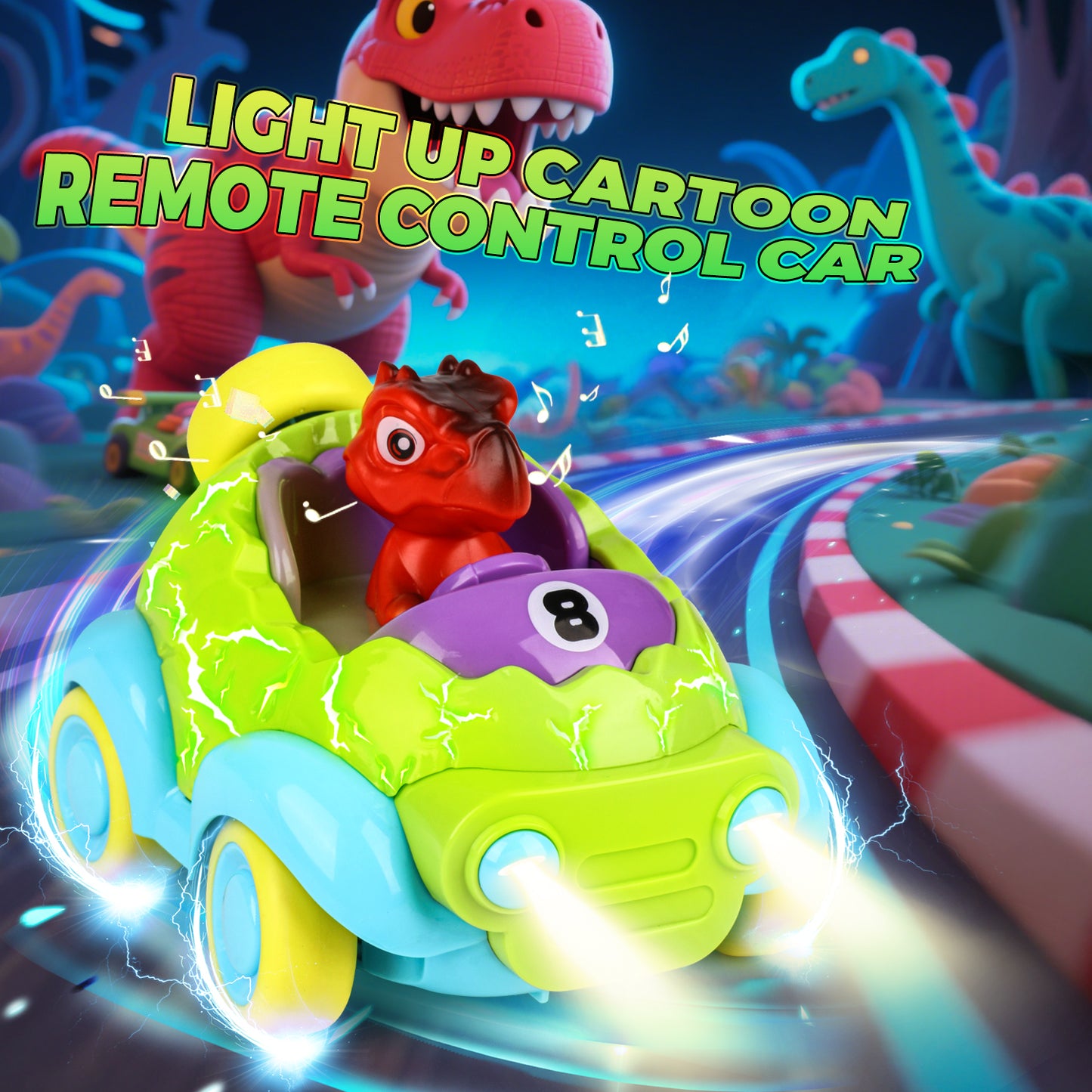 UUSUOO Dinosaur Remote Control Car for Toddlers,Rechargeable RC Cars for Toddler Toys with LED Lights & Music & Soccer Ball,Dinosaur Toys Christmas Birthday Gift for Boys Girls Age 3 4 5 +, Green
