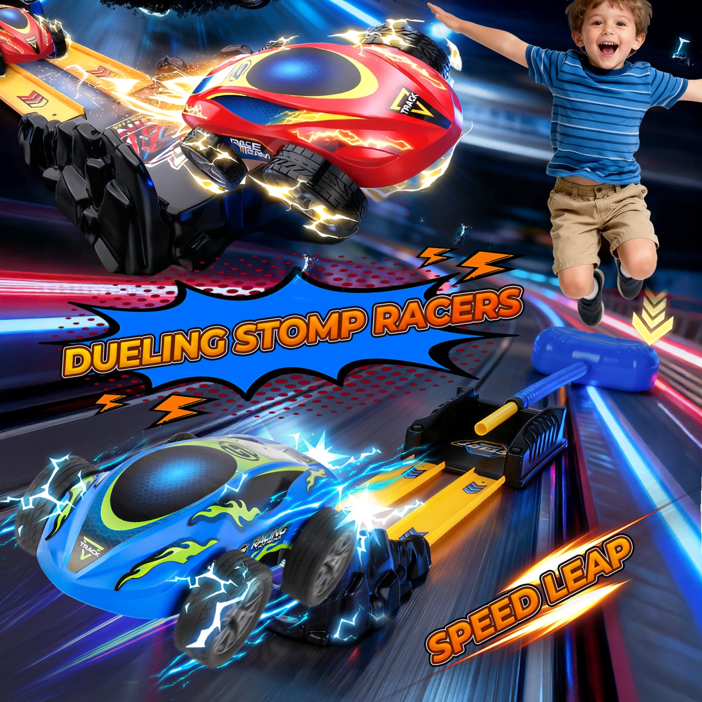 UUSUOO Stomp Race Car Launcher Toy for Kids,2 Cars & Dual Tracks,Indoor Outdoor Car Launcher Set with Racing Cars,Birthday Toy Gifts for Kids 3 4 5 6 7 Years Old