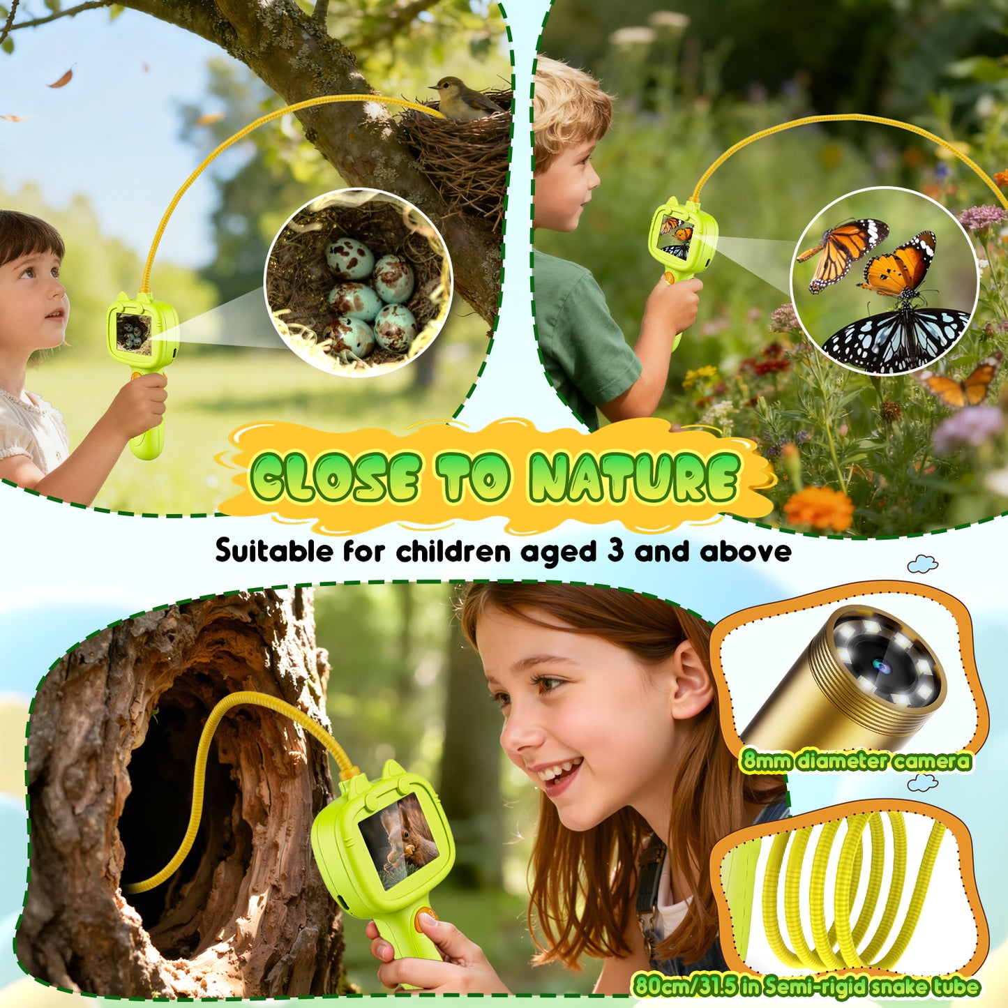 UUSUOO Borescope Snake Camera with Light & 32GB SD Card for Kids,Science Educational STEM Toys for Outdoor Nature Exploration,Birthday Gift for 4 5 6 7 8 + Years Old Boy Girls