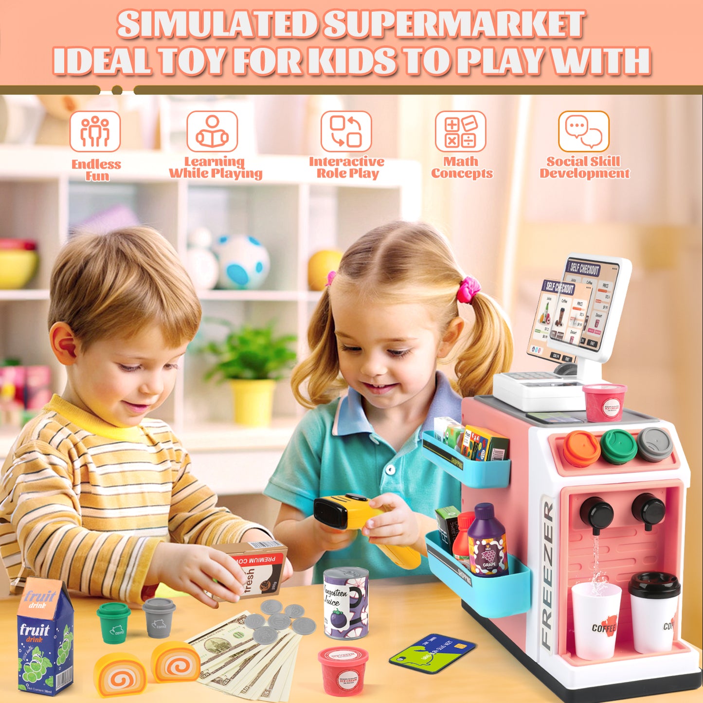 UUSUOO 46PCS Cash Register Playset for Kids,Cashier Register Toy,Kids Pretend Play Cash Register Toy with Scanner,Coffee Machine,Credit Cards,Play Food & Money,Christmas Toys for Kids 3-6,Pink
