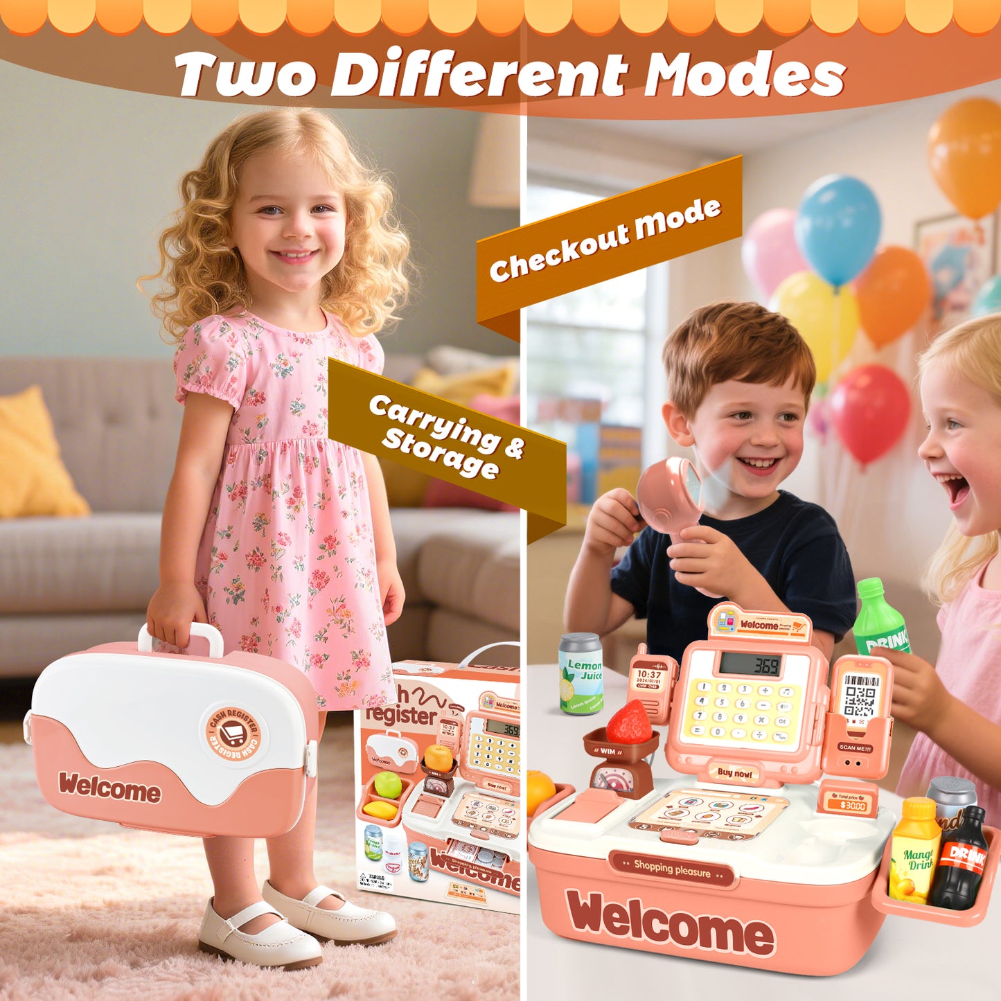 UUSUOO 42Pcs Cash Register for Kids,Toddlers Toys Cash Register with Sound Scanner,Light,Play Food & Money,Pretend Play Toys for Boys Girls,Christmas Birthday Gift for Toddlers 3 4 5 6 +,Pink