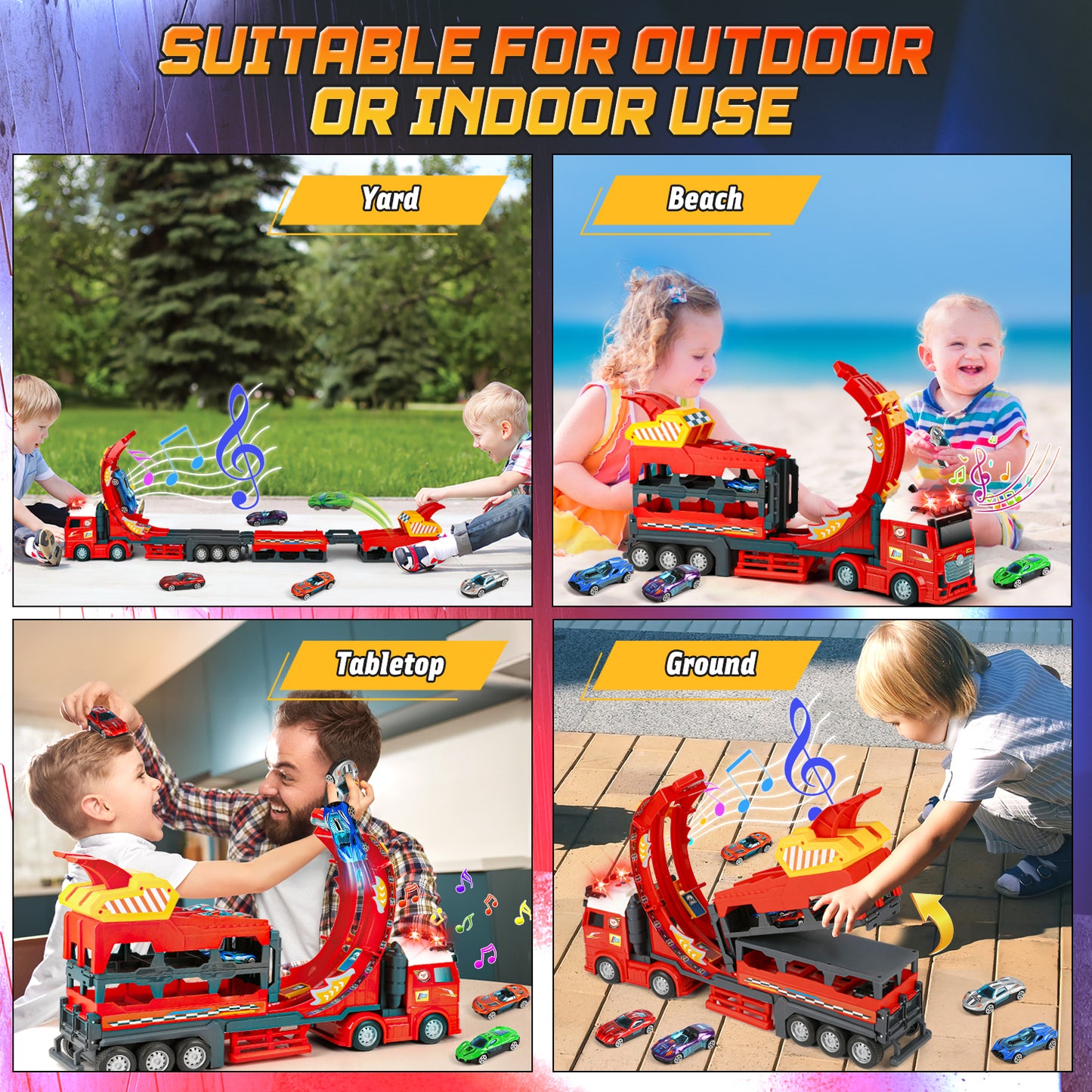 UUSUOO Carrier Truck Race Track Toys for Kids,45 inch Foldable Race Track with 6 Die-Cast Metal Toy Cars and Lights & Sounds, Truck Toys Toddlers Toys Xmas Gifts for 3 4 5 6 7 Years Old Boys and Girl