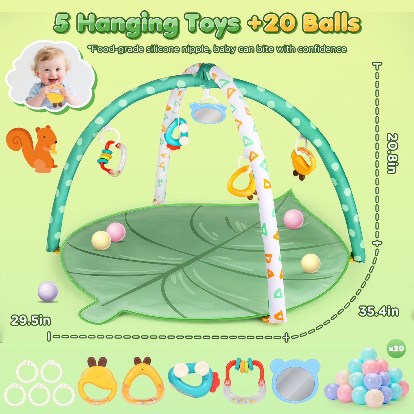 UUSUOO Baby Play Mat for 0-12 Months, Baby Gym Play Mat, Baby Activity Mat with 5 Infant Learning Sensory Toys & 20 Balls,Toddler Toys Birthday Gifts for Newborns 0-3-6-9-12 Months