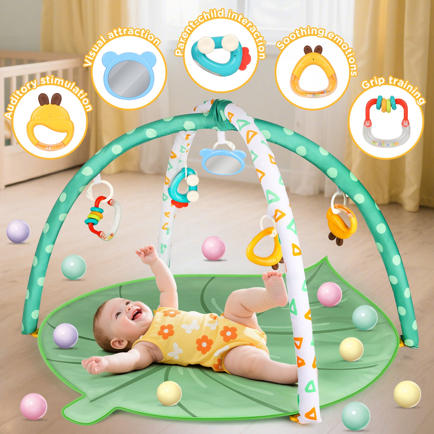 UUSUOO Baby Play Mat for 0-12 Months, Baby Gym Play Mat, Baby Activity Mat with 5 Infant Learning Sensory Toys & 20 Balls,Toddler Toys Birthday Gifts for Newborns 0-3-6-9-12 Months