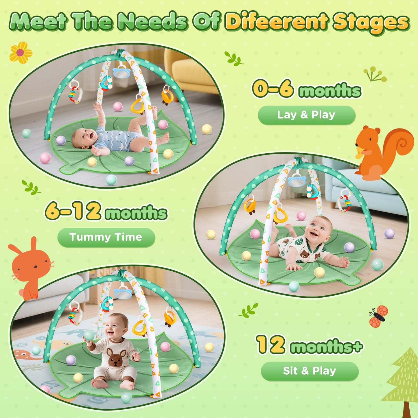 UUSUOO Baby Play Mat for 0-12 Months, Baby Gym Play Mat, Baby Activity Mat with 5 Infant Learning Sensory Toys & 20 Balls,Toddler Toys Birthday Gifts for Newborns 0-3-6-9-12 Months