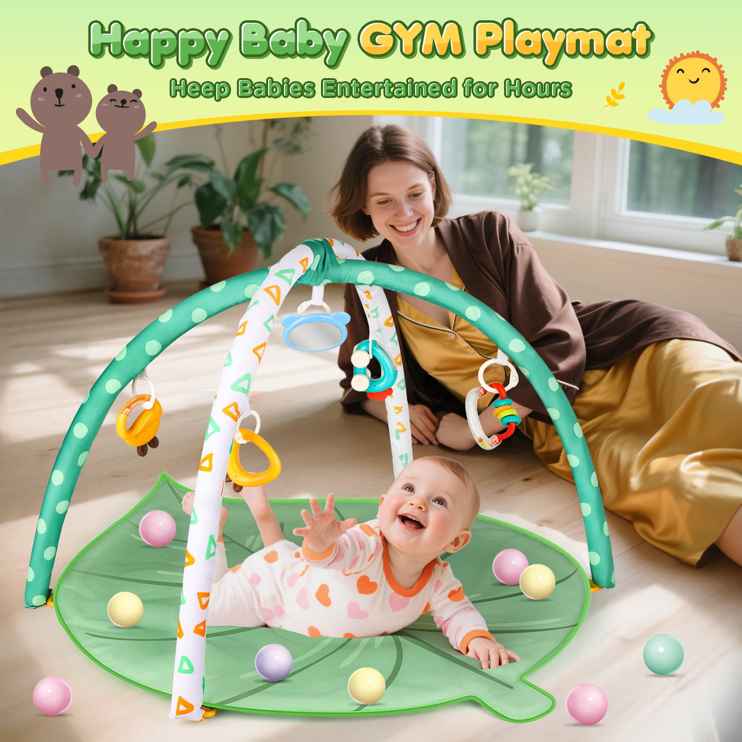 UUSUOO Baby Play Mat for 0-12 Months, Baby Gym Play Mat, Baby Activity Mat with 5 Infant Learning Sensory Toys & 20 Balls,Toddler Toys Birthday Gifts for Newborns 0-3-6-9-12 Months
