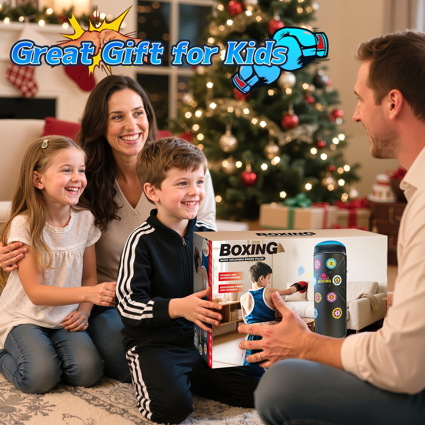 UUSUOO Punching Bag for Kids with Light & Sound,Kids Inflatable Boxing Bag Set with Gloves, Scoring System, 4 Play Modes,Christmas Birthday Gift Toy for Boys Girls Age 6-12,Blue