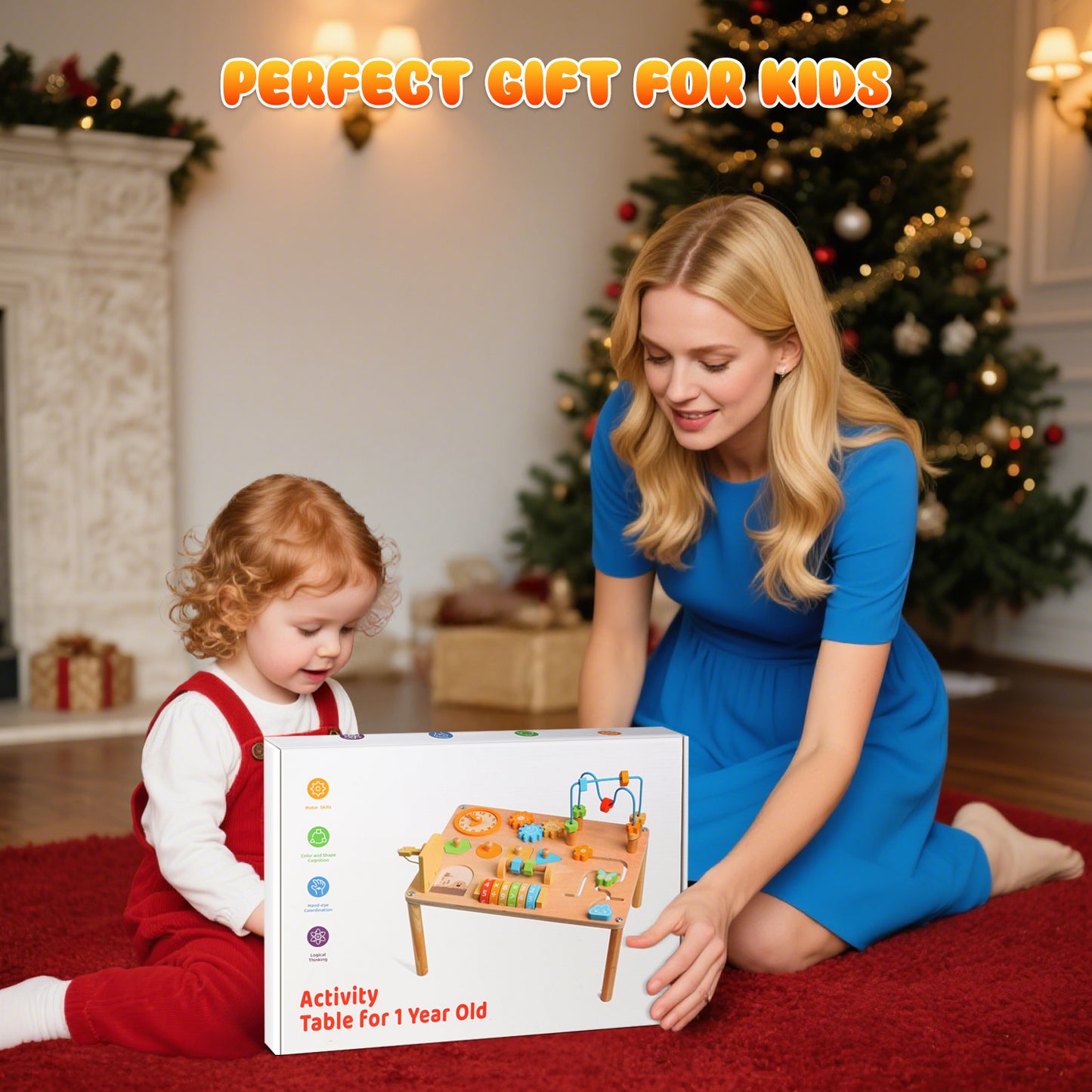 UUSUOO Activity Table for 1 Year Old,8-In-1 Wooden Montessori Toys with Bead Maze,Shape Sorter,Baby Sensory Toys 6-12 Months,Learning Toys for Baby 1st Christmas Birthday Gifts