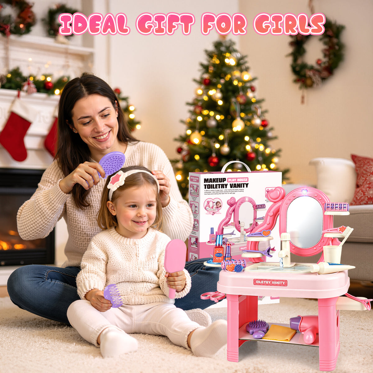 UUSUOO Kids Vanity Set with Mirror,40PCS Toddler Vanity Set Makeup Table for Kids, Girls Vanity with Mirror & Lights & Music & Makeup Accessories,Christmas Birthday Toy Gift for Girls Age 3-6