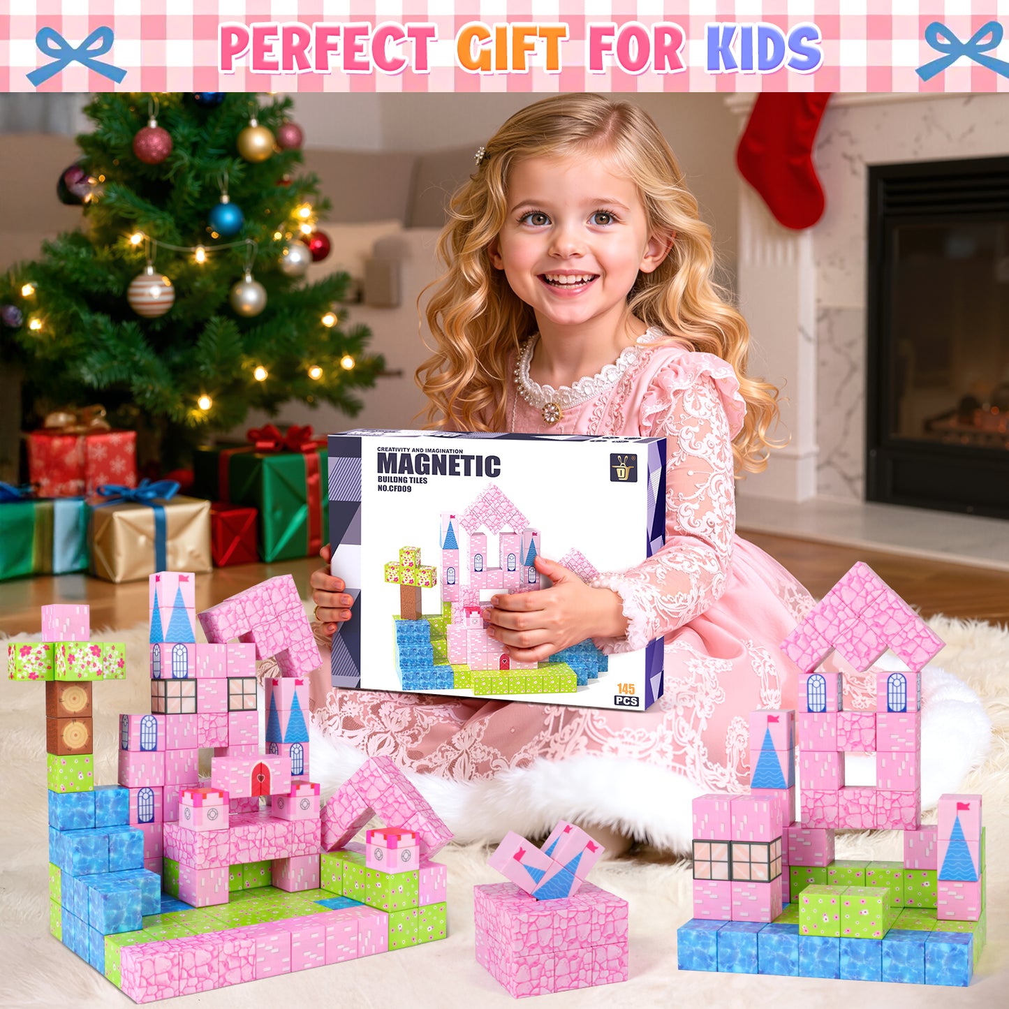 UUSUOO 145PCS Magnetic Blocks,Magnetic Building Blocks for Kids Ages 4-8,Magnet STEM Sensory Toys,Princess Castle Building Set Christmas Birthday Gifts Toy for Girls & Boys Ages 3+