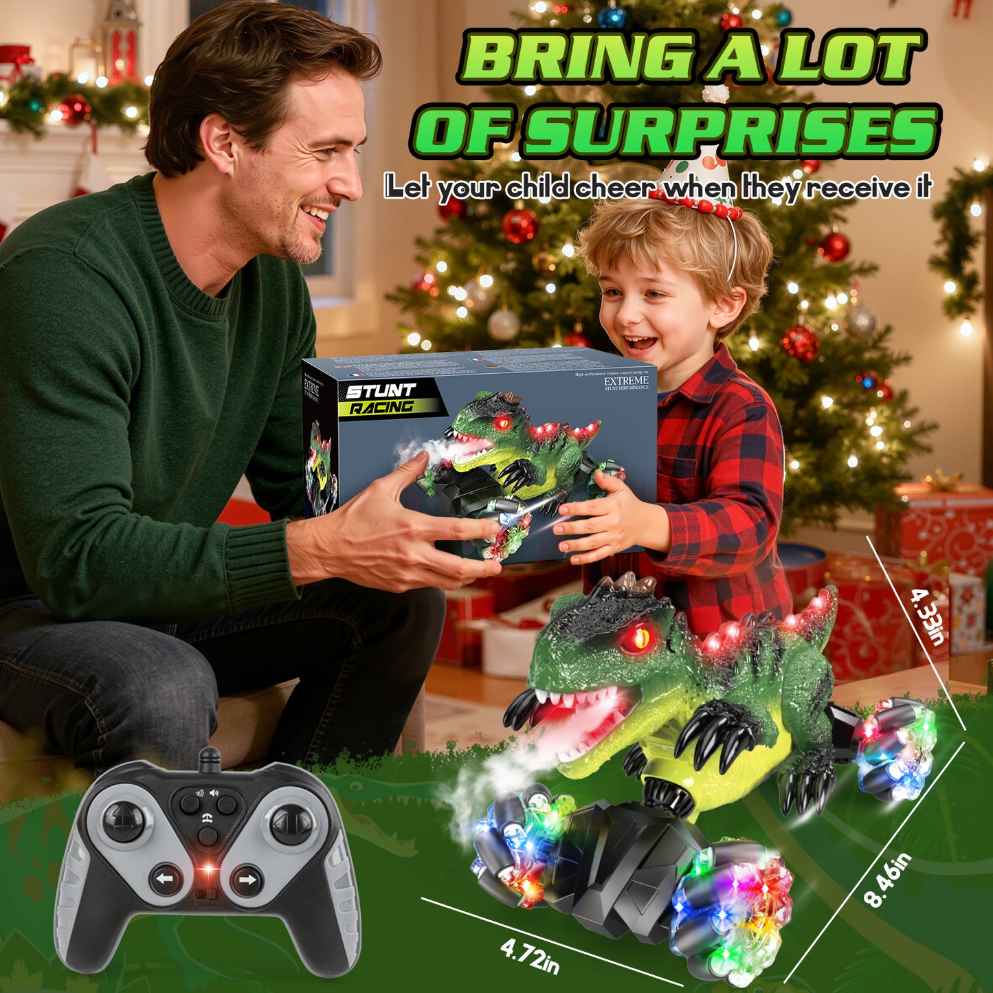 UUSUOO Dinosaur Remote Control Car,4WD Rotation Rechargeable RC Stunt Car with Spray Lights & Music,Dinosaur Toys for Boys 3-6 Years,Christmas Birthday Gifts for Boys Girls 3+