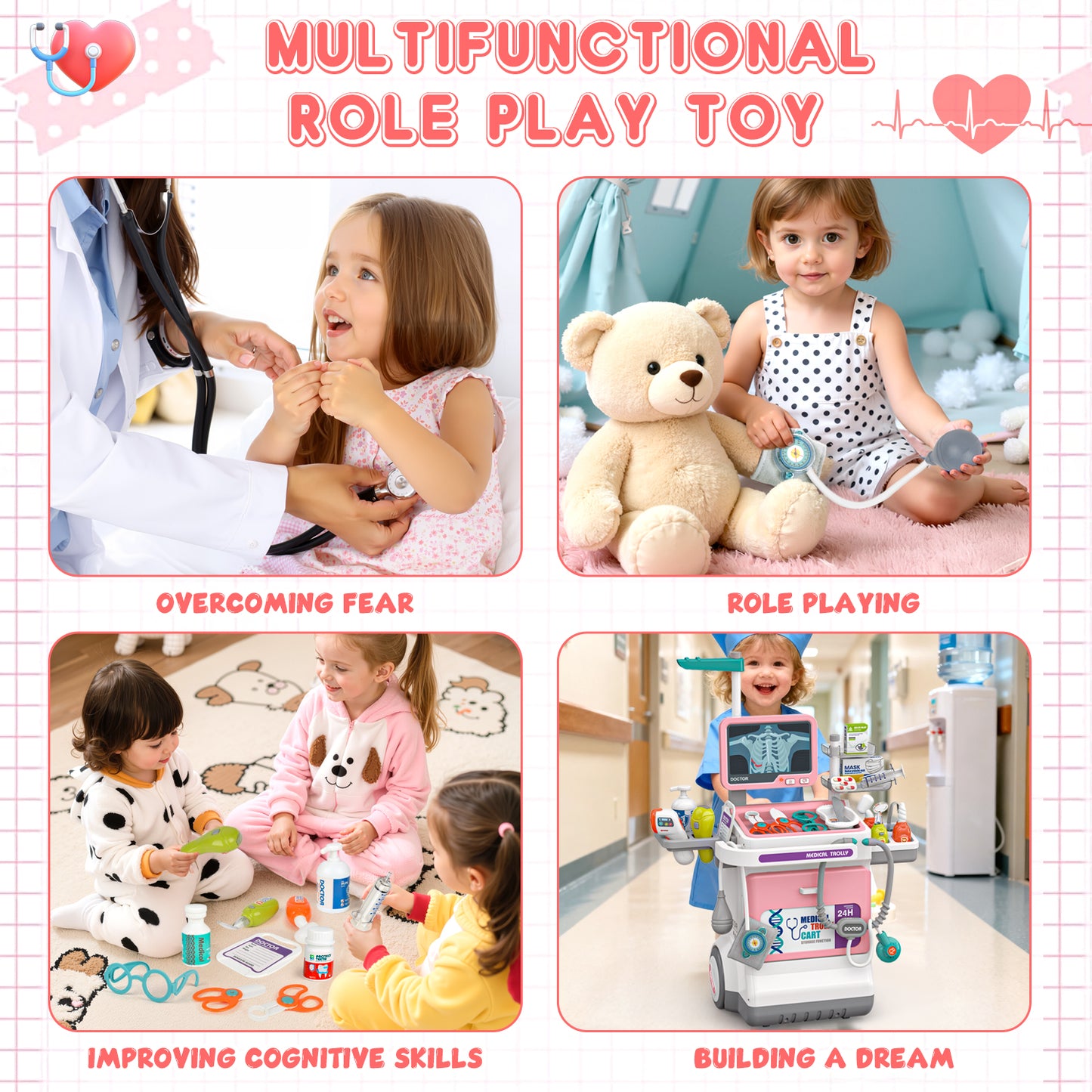 UUSUOO Doctor Kit for Toddlers 3-5,32PCS Doctors Role Play Set Toy,Pretend Medical Station Toy Set with Realistic LED Lights & Sounds,Christmas Boys & Girls Gift for Ages 3-8,Pink