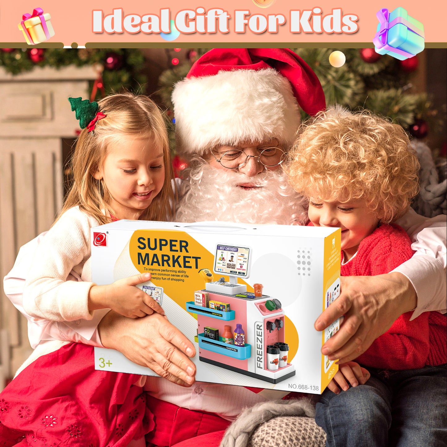 UUSUOO 46PCS Cash Register Playset for Kids,Cashier Register Toy,Kids Pretend Play Cash Register Toy with Scanner,Coffee Machine,Credit Cards,Play Food & Money,Christmas Toys for Kids 3-6,Pink