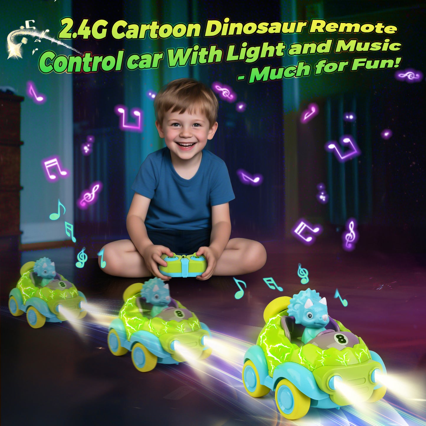 UUSUOO Dinosaur Remote Control Car for Toddlers,Rechargeable RC Cars for Toddler Toys with LED Lights & Music & Soccer Ball,Dinosaur Toys Christmas Birthday Gift for Boys Girls Age 3 4 5 +, Green