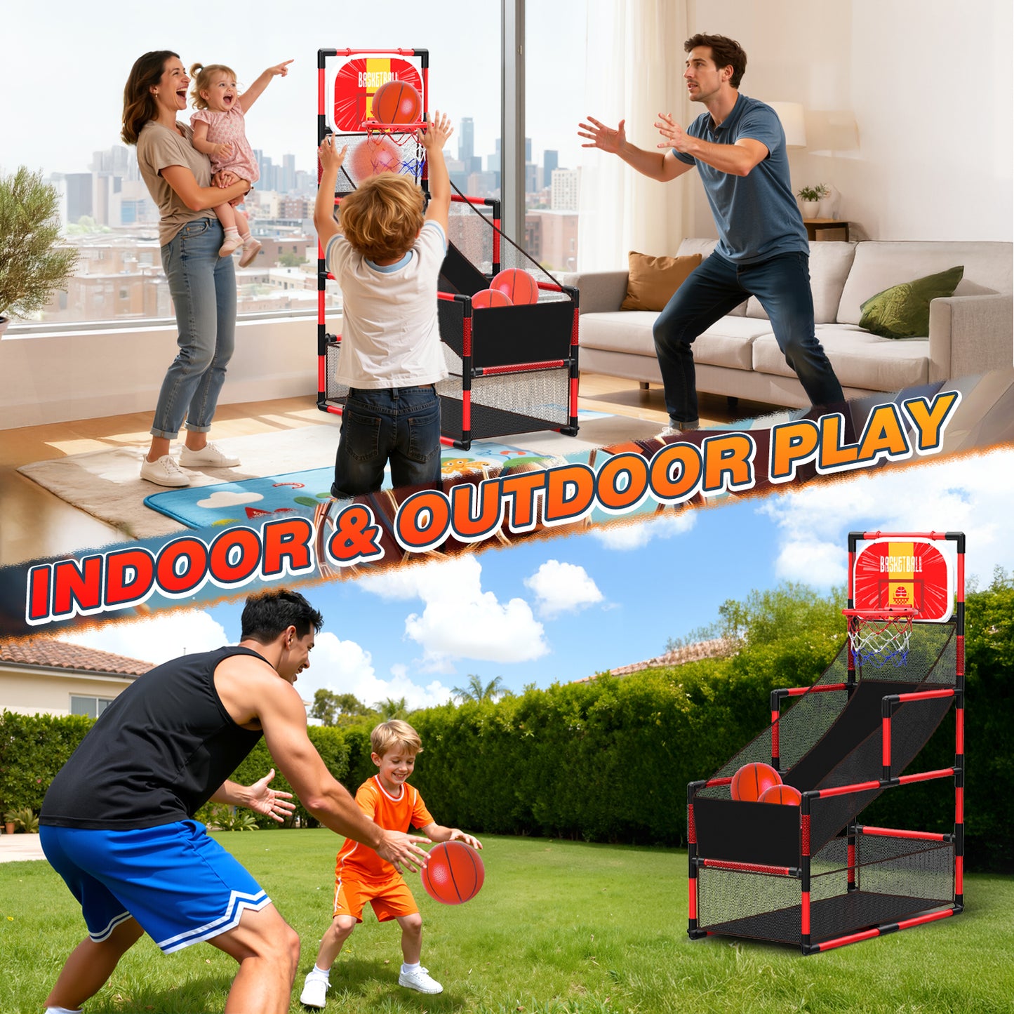 UUSUOO Arcade Basketball Game Set for Kids,Adjustable Height 45"-56" Kids Basketball Hoop with 2 Balls & Pump, Indoor Outdoor Sports Play Toys,Birthday Gift for Boys Girls Age 5 6 7 8 + ,Red