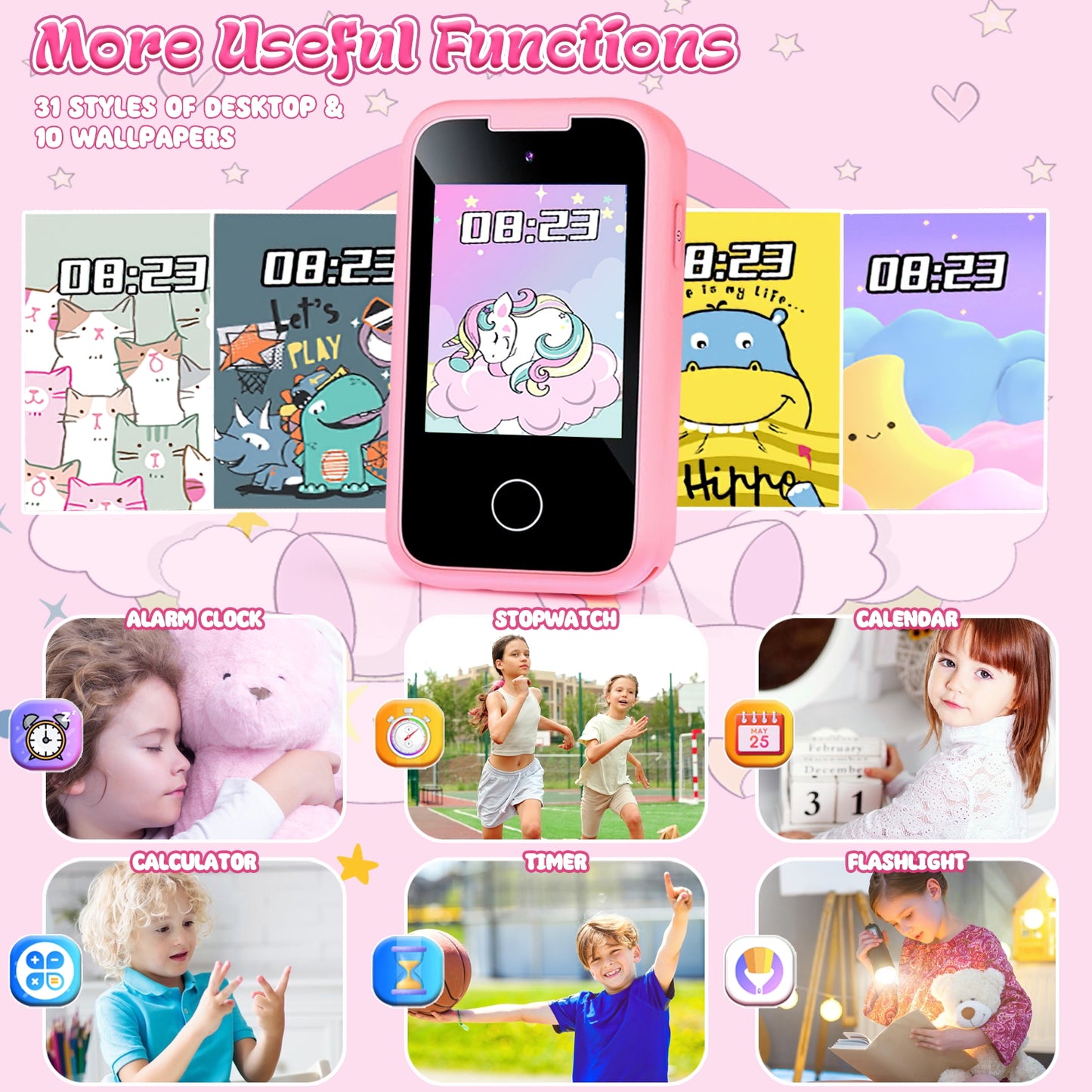 UUSUOO Kids Smart Phone for Girls Kids Toys,2.8" Touchscreen Toddler Phone Toys W/ 8G SD Card, Dual Camera, Music Player,Unicorn Toys Christmas Birthday Gifts for Boys Girls 3-12,Pink