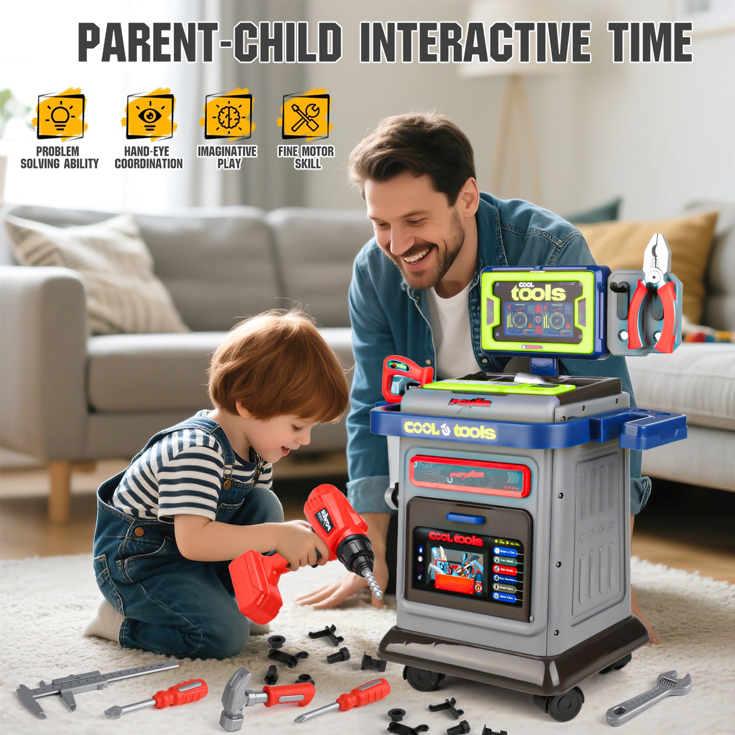 UUSUOO Kids Tool Bench,41 Pcs Toddler Tool Set with Realistic Tools and Electric Drill,Toddler Workbench Toys,Stem Pretend Play Learning Toys Gifts for Kids Age 3 4 5+