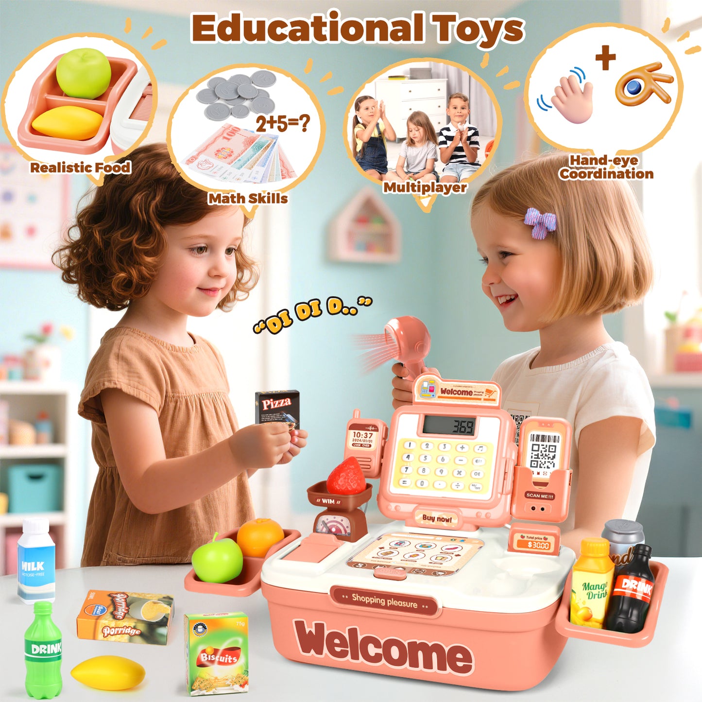 UUSUOO 42Pcs Cash Register for Kids,Toddlers Toys Cash Register with Sound Scanner,Light,Play Food & Money,Pretend Play Toys for Boys Girls,Christmas Birthday Gift for Toddlers 3 4 5 6 +,Pink