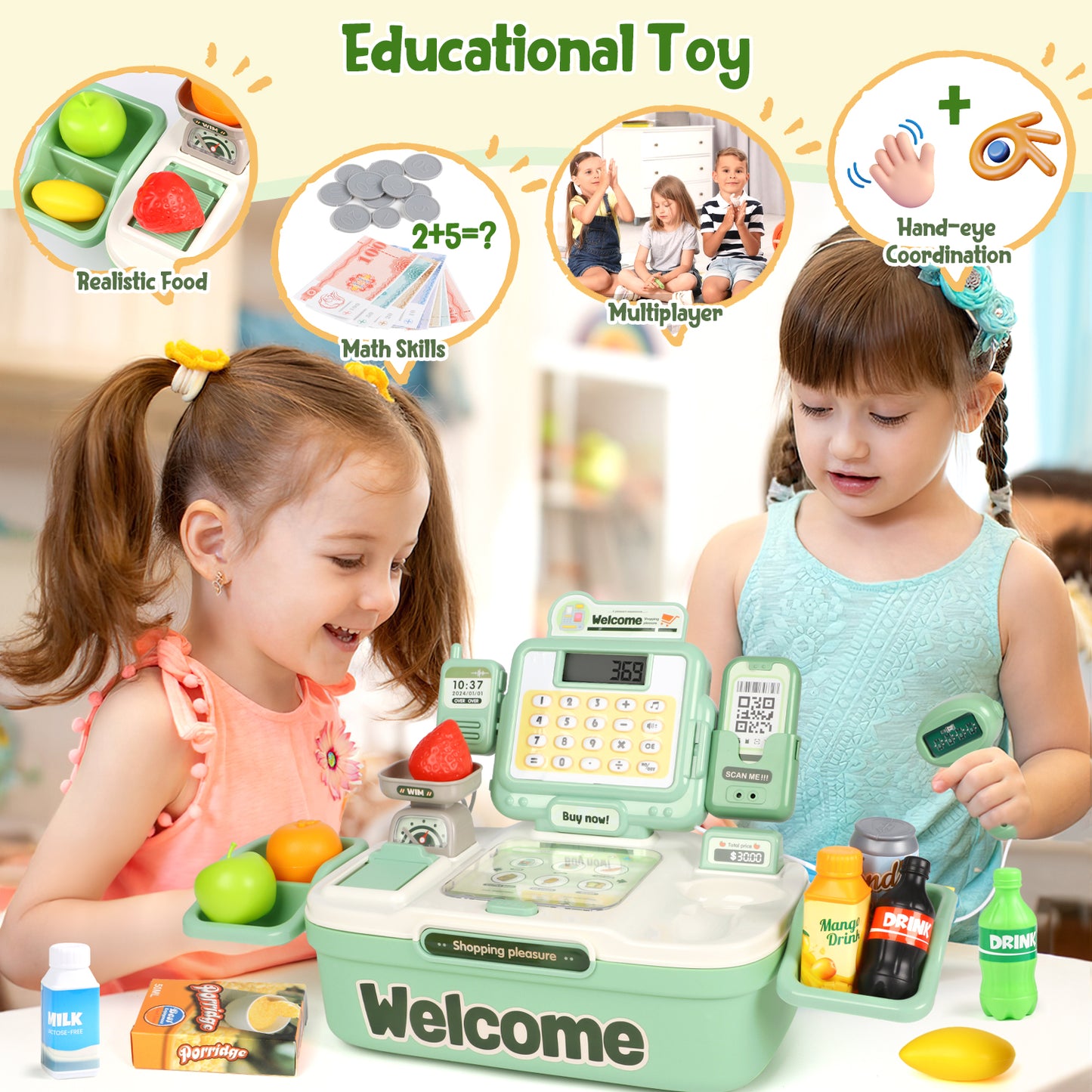 UUSUOO Cash Register for Kids Ages 4-8, Cashier Register Toy, Kids Pretend Play Cash Register Toys with Sound Scanner,Credit Cards,Play Food & Money,Christmas Toys for Kids 3-6,Green