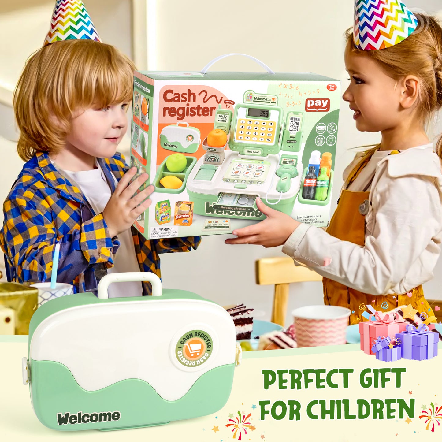 UUSUOO Cash Register for Kids Ages 4-8, Cashier Register Toy, Kids Pretend Play Cash Register Toys with Sound Scanner,Credit Cards,Play Food & Money,Christmas Toys for Kids 3-6,Green