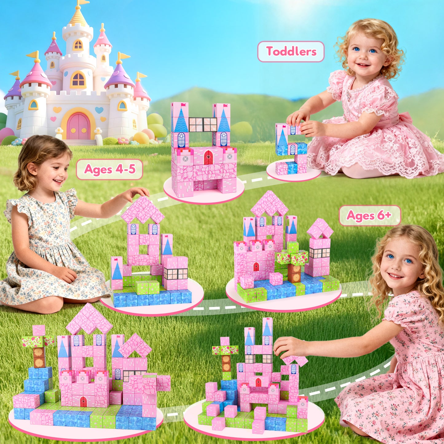 UUSUOO 145PCS Magnetic Blocks,Magnetic Building Blocks for Kids Ages 4-8,Magnet STEM Sensory Toys,Princess Castle Building Set Christmas Birthday Gifts Toy for Girls & Boys Ages 3+