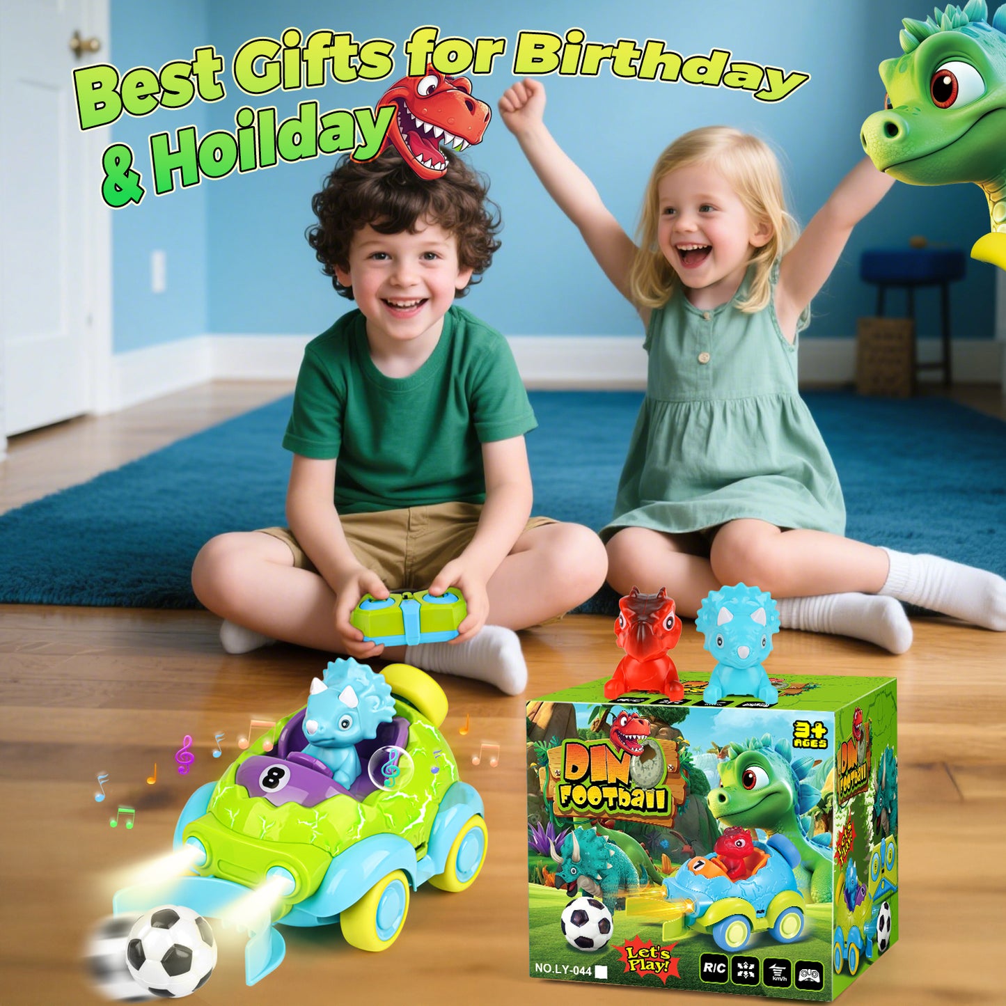 UUSUOO Dinosaur Remote Control Car for Toddlers,Rechargeable RC Cars for Toddler Toys with LED Lights & Music & Soccer Ball,Dinosaur Toys Christmas Birthday Gift for Boys Girls Age 3 4 5 +, Green
