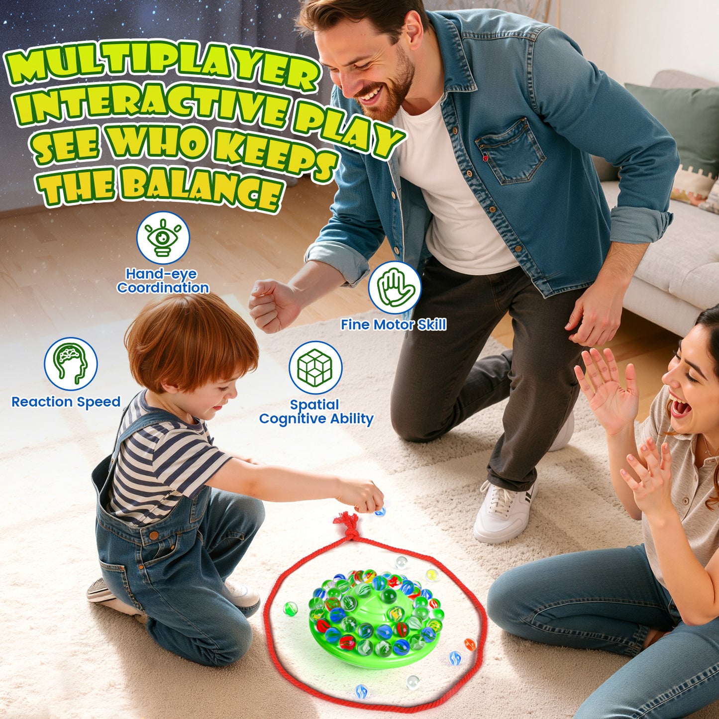 UUSUOO Marble Balance Board Game with 60 Glass Marbles & Storage Base,Fun Family Board Game for Kids & Adults,Party Game for 1-4 Players,Christmas Birthday Gift for Kids 8-12