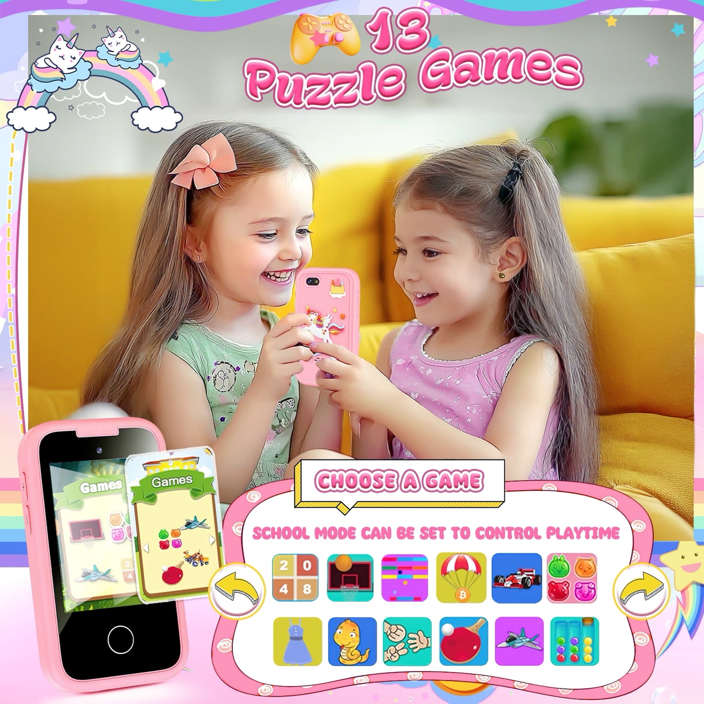 UUSUOO Kids Smart Phone for Girls Kids Toys,2.8" Touchscreen Toddler Phone Toys W/ 8G SD Card, Dual Camera, Music Player,Unicorn Toys Christmas Birthday Gifts for Boys Girls 3-12,Pink